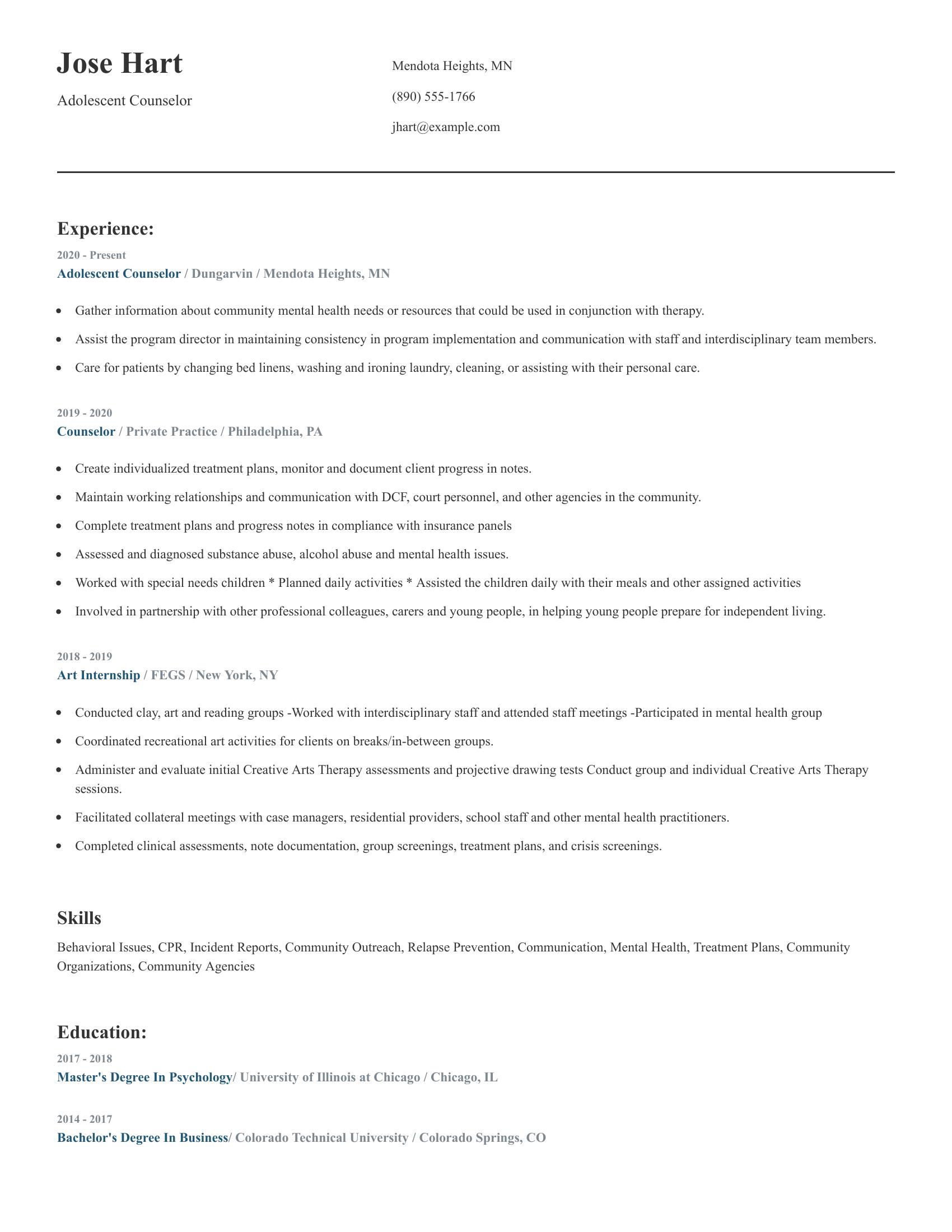 Adolescent Counselor resume example