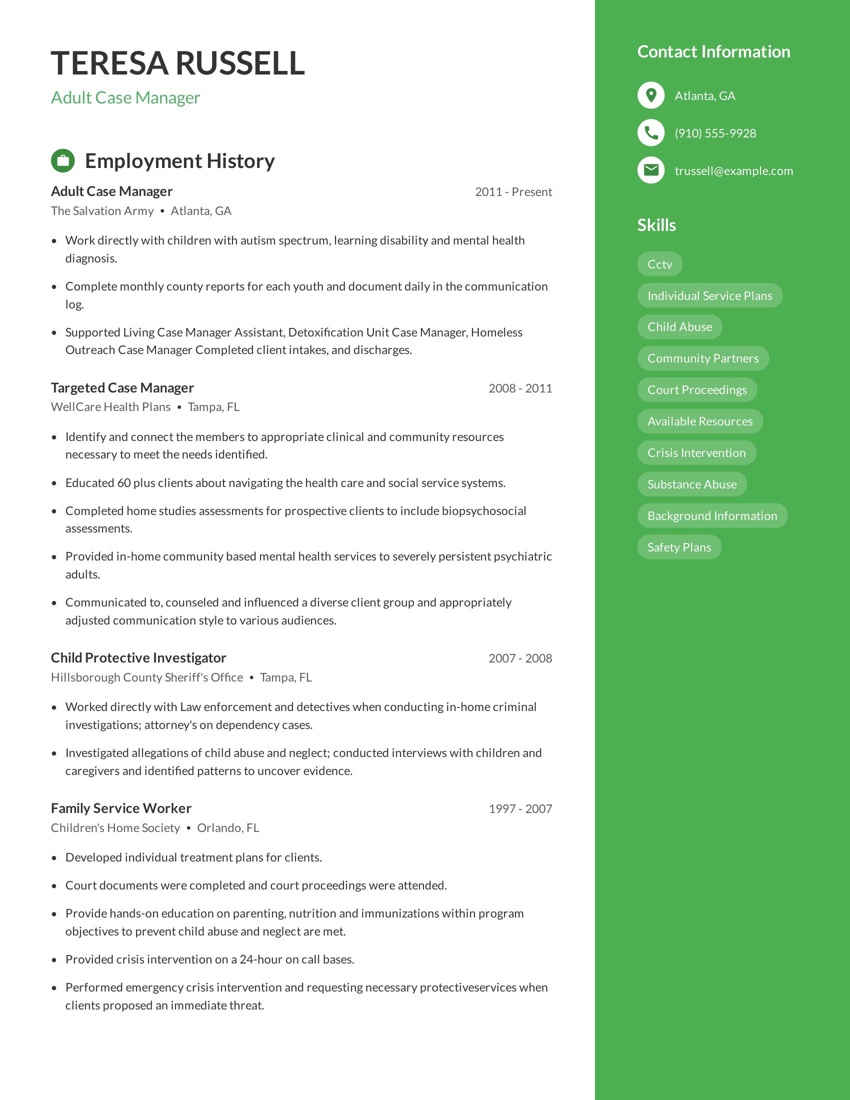 Adult Case Manager resume example