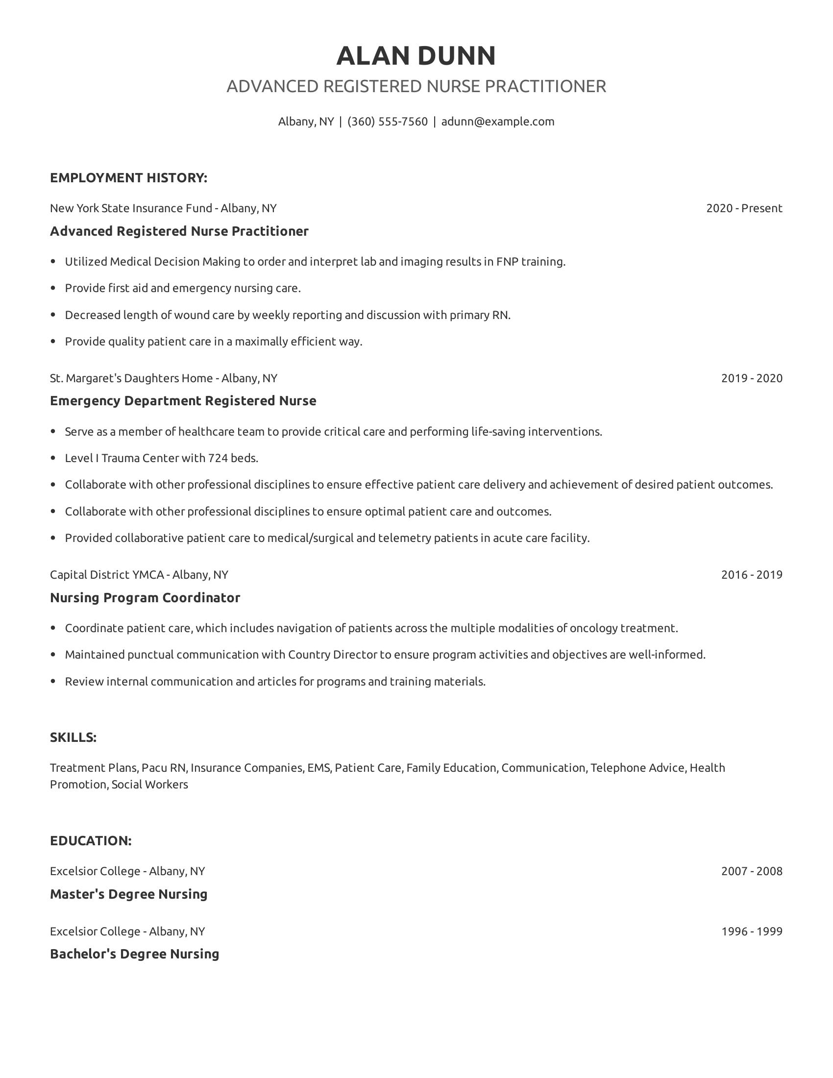 Advanced Registered Nurse Practitioner resume example