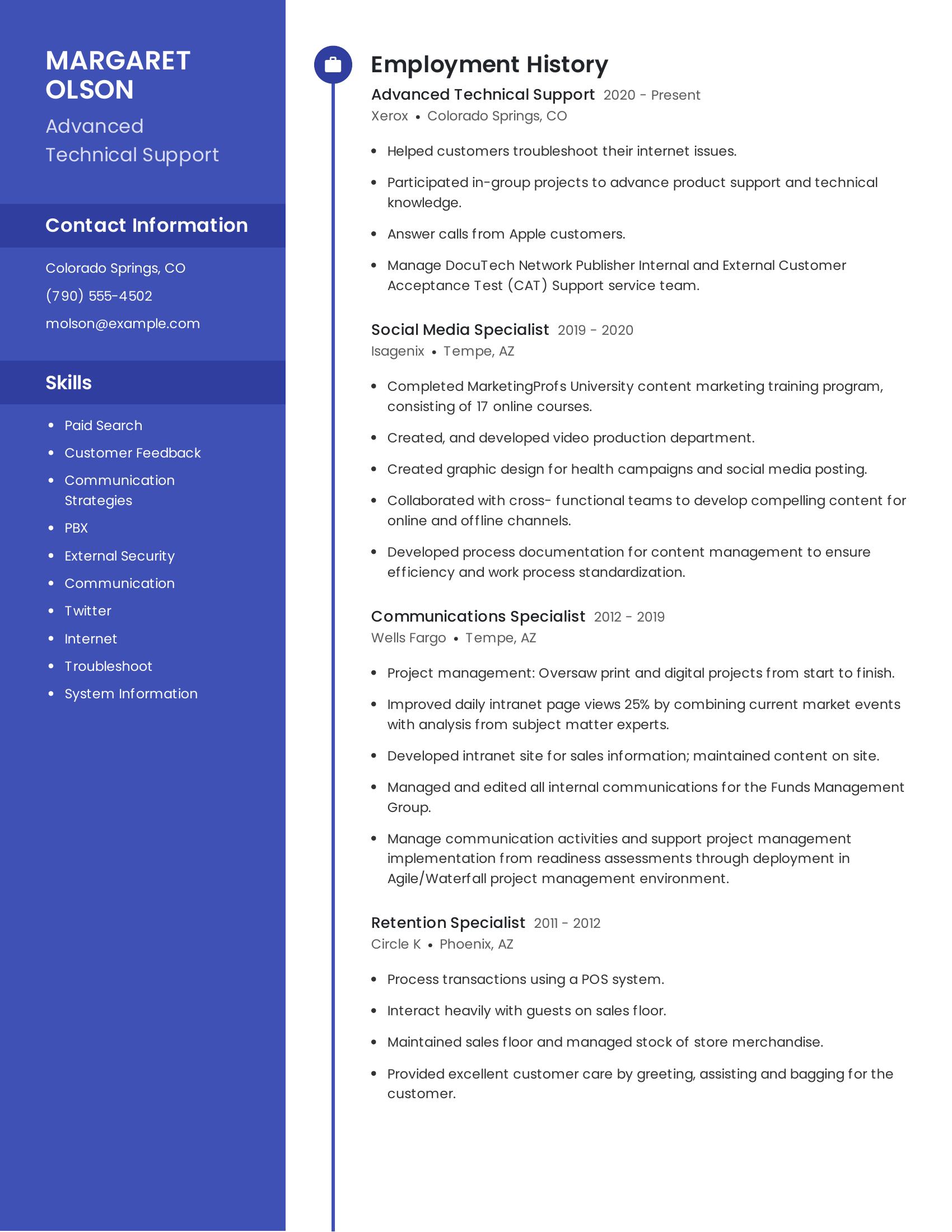 Advanced Technical Support resume example