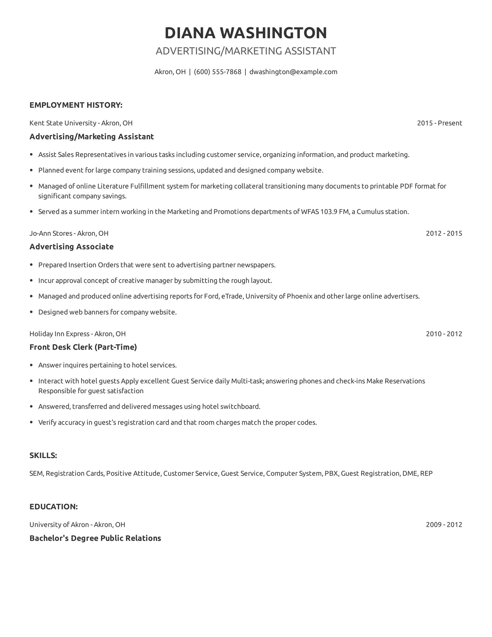 Advertising/Marketing Assistant resume example