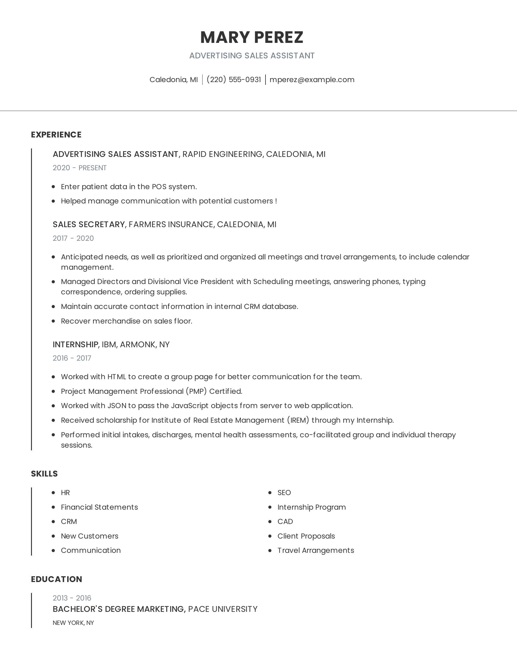 Advertising Sales Assistant resume example