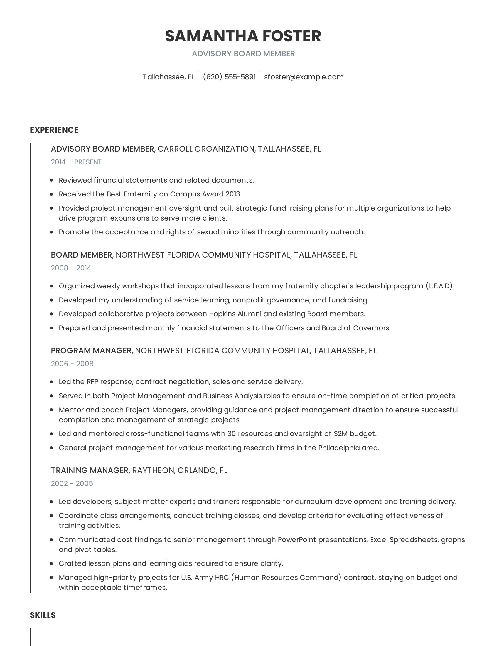 Advisory Board Member resume example