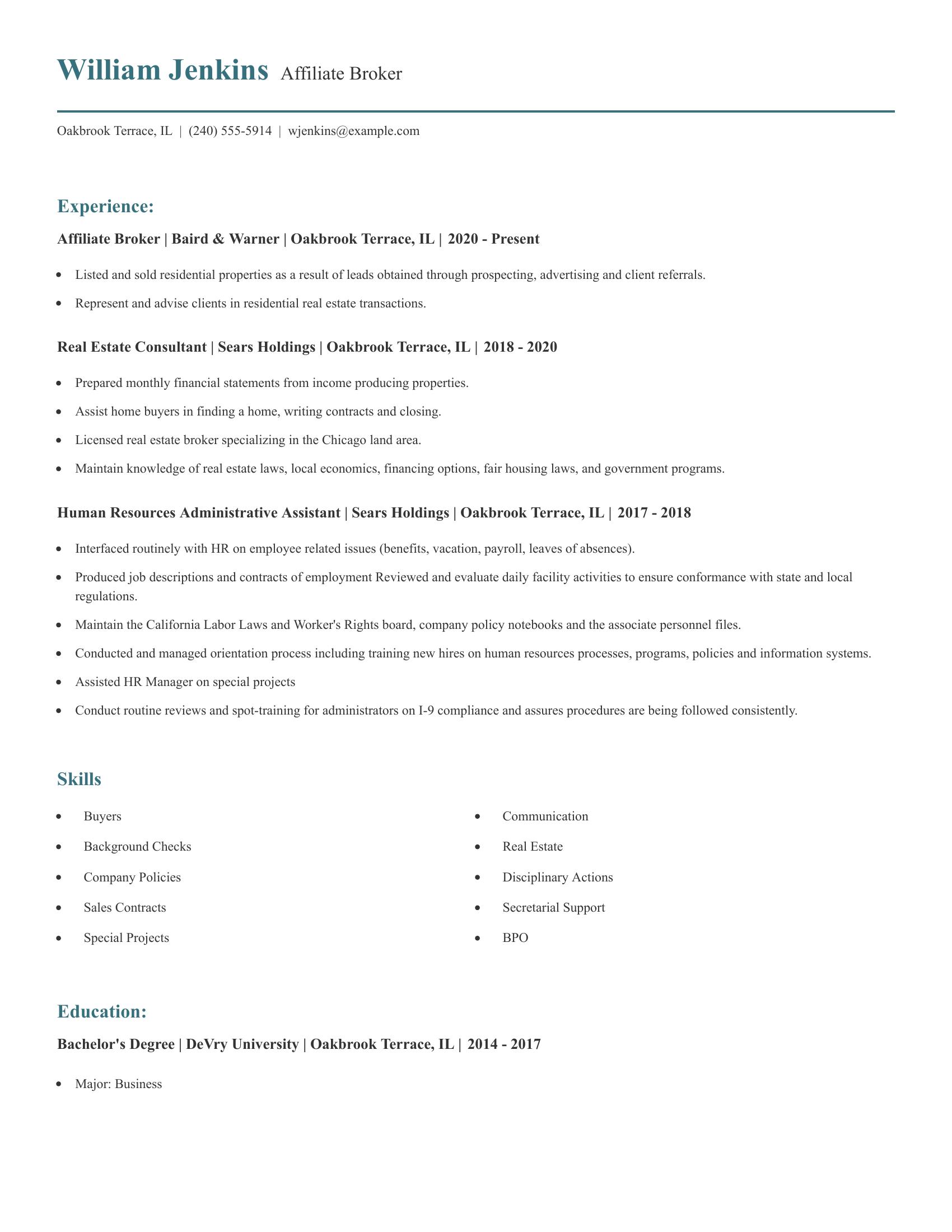 Affiliate Broker resume example