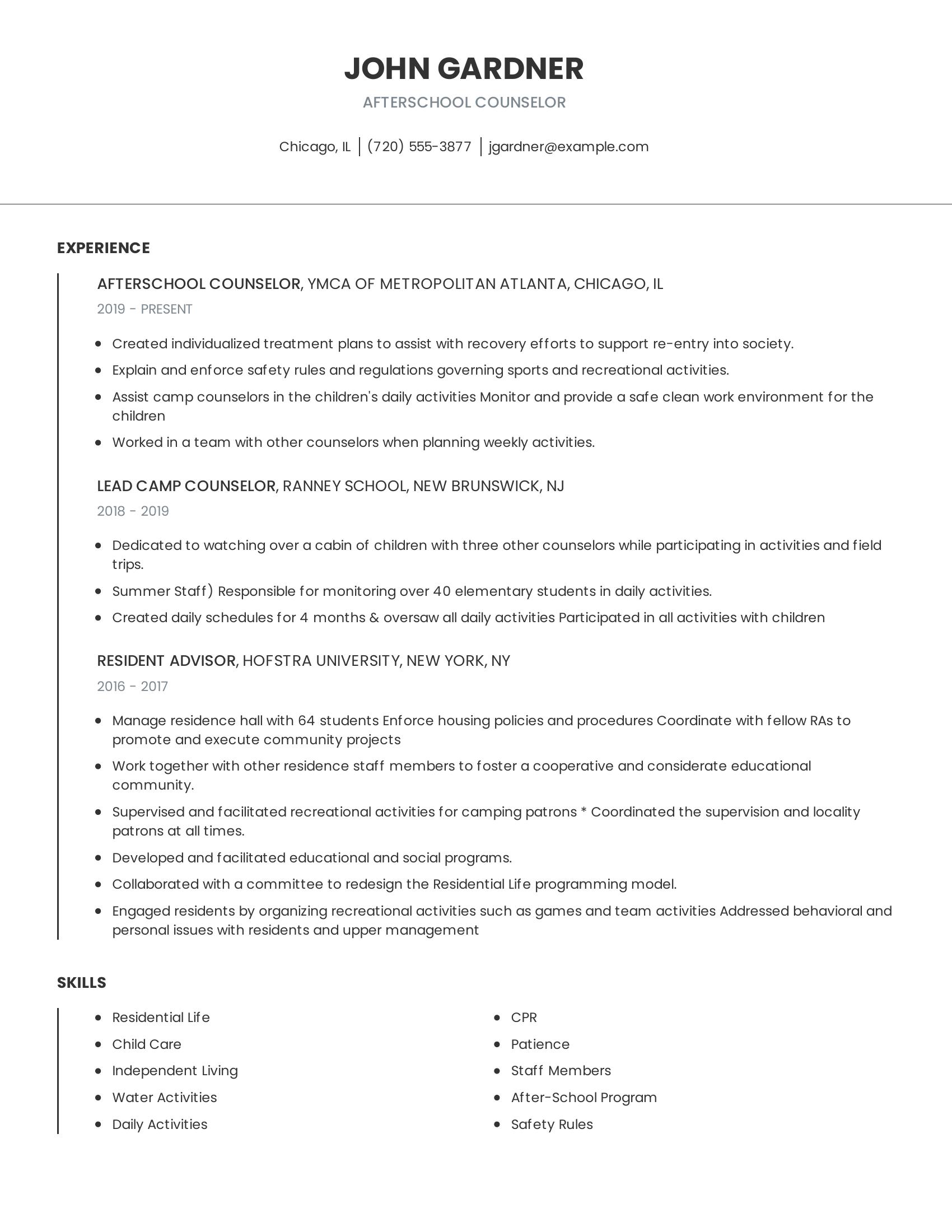 Afterschool Counselor resume example