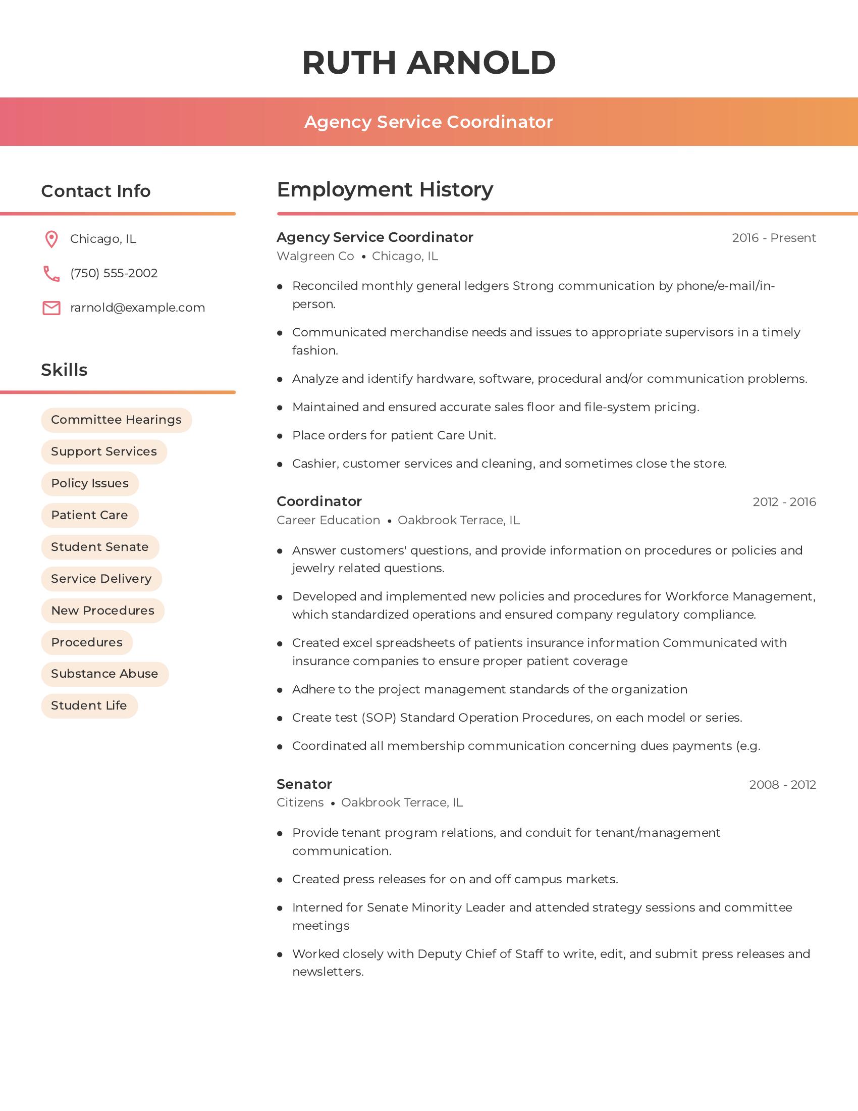 Agency Service Coordinator resume example