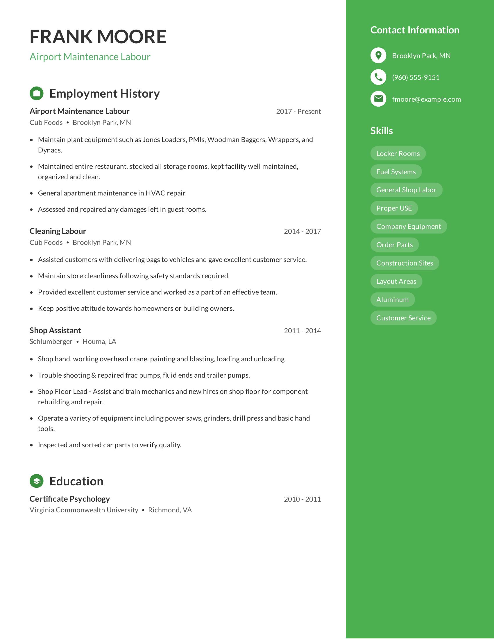 Airport Maintenance Labour resume example