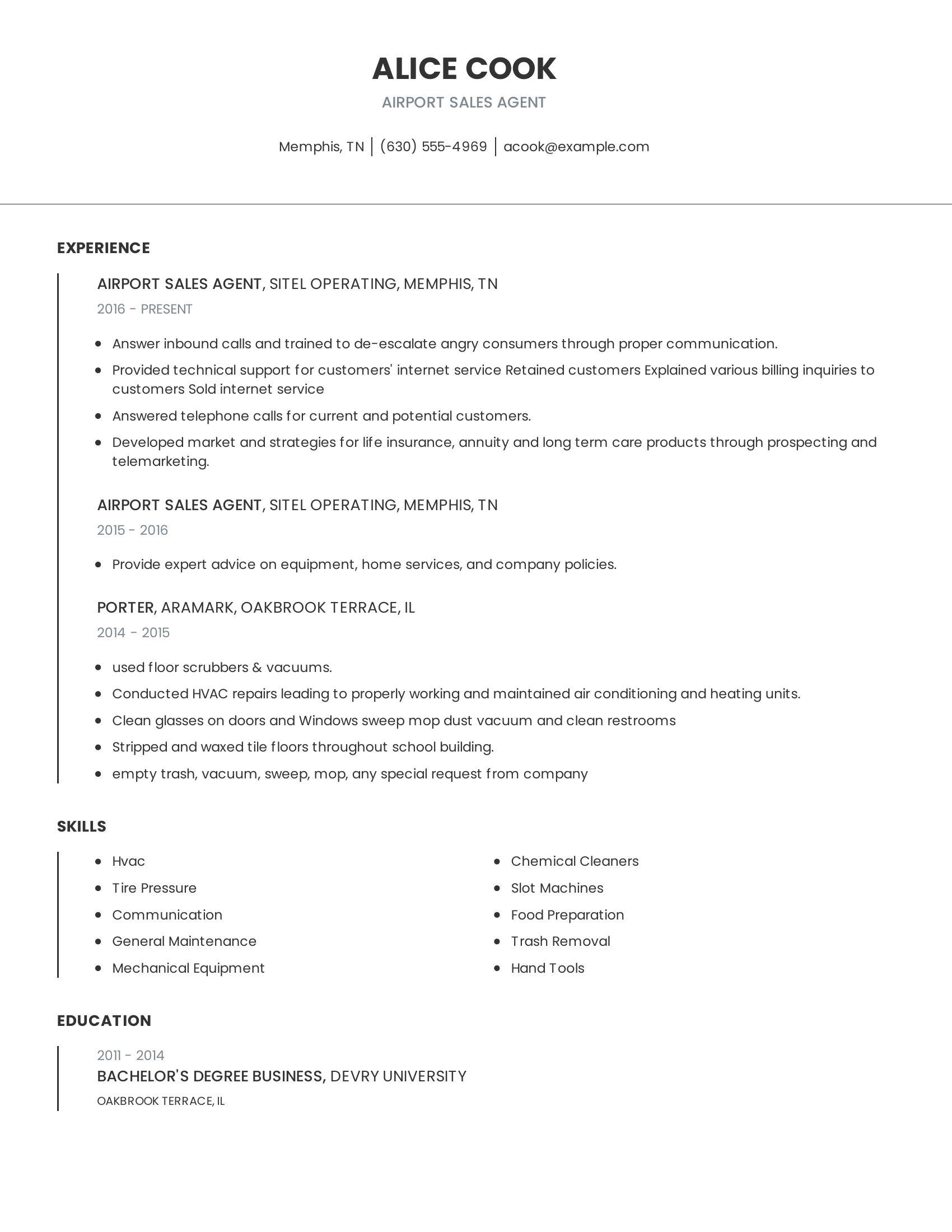 Airport Sales Agent resume example