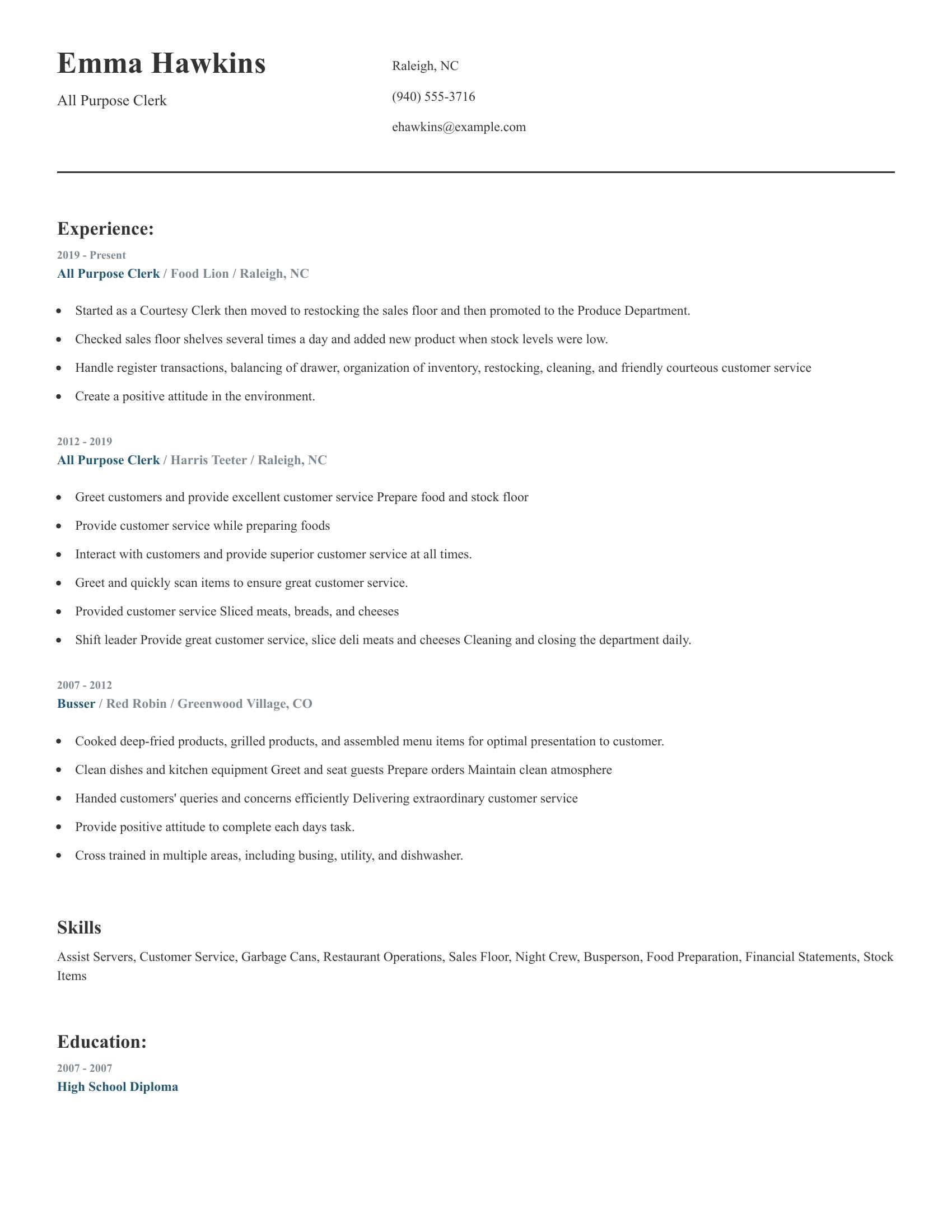 All Purpose Clerk resume example