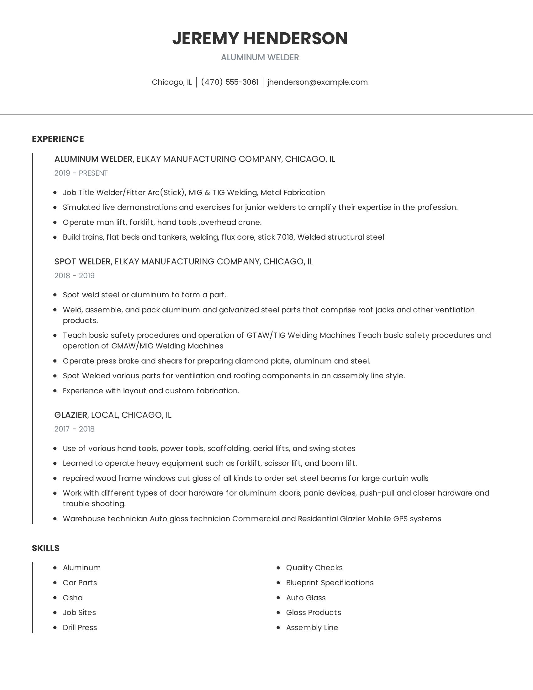 Aluminum Welder resume example