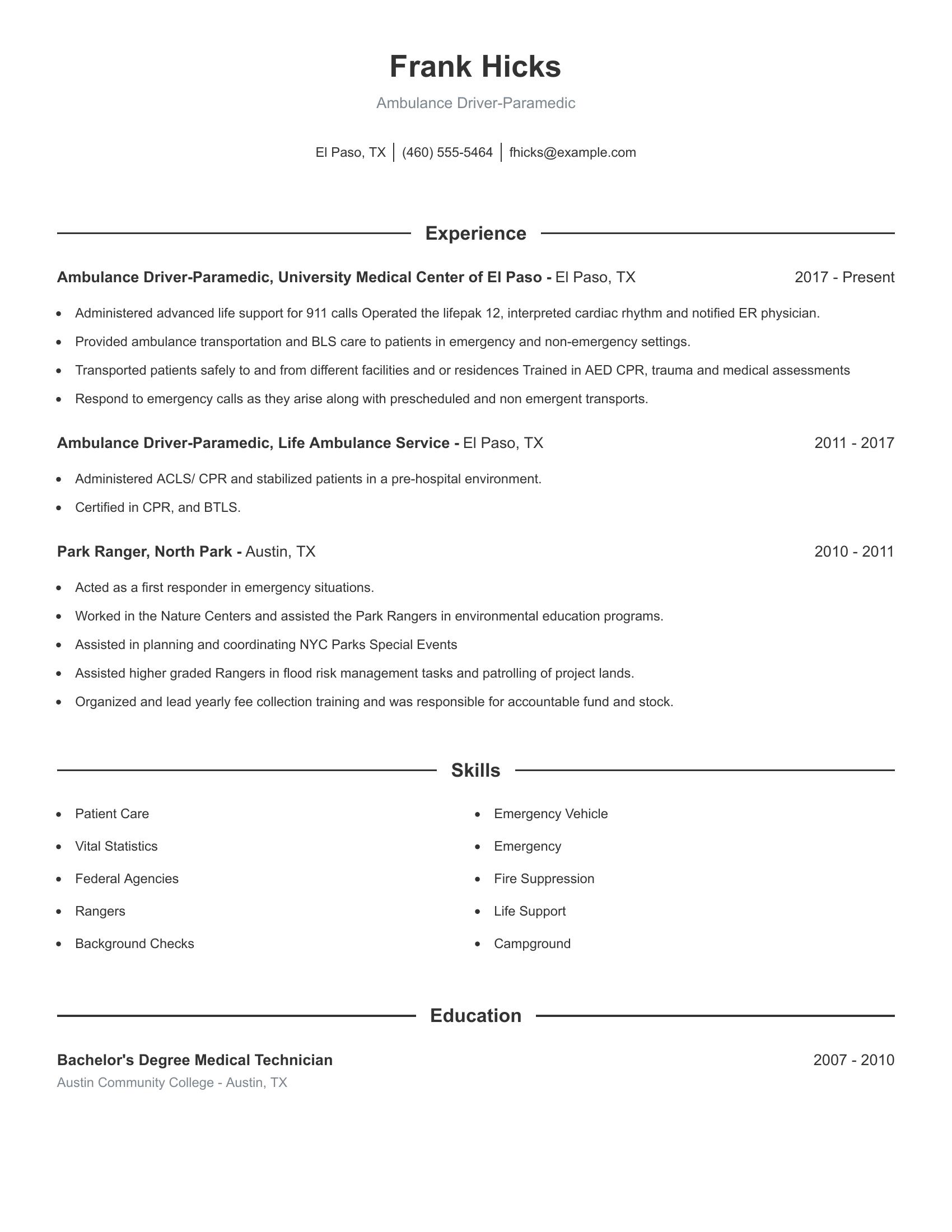 Ambulance Driver-Paramedic resume example