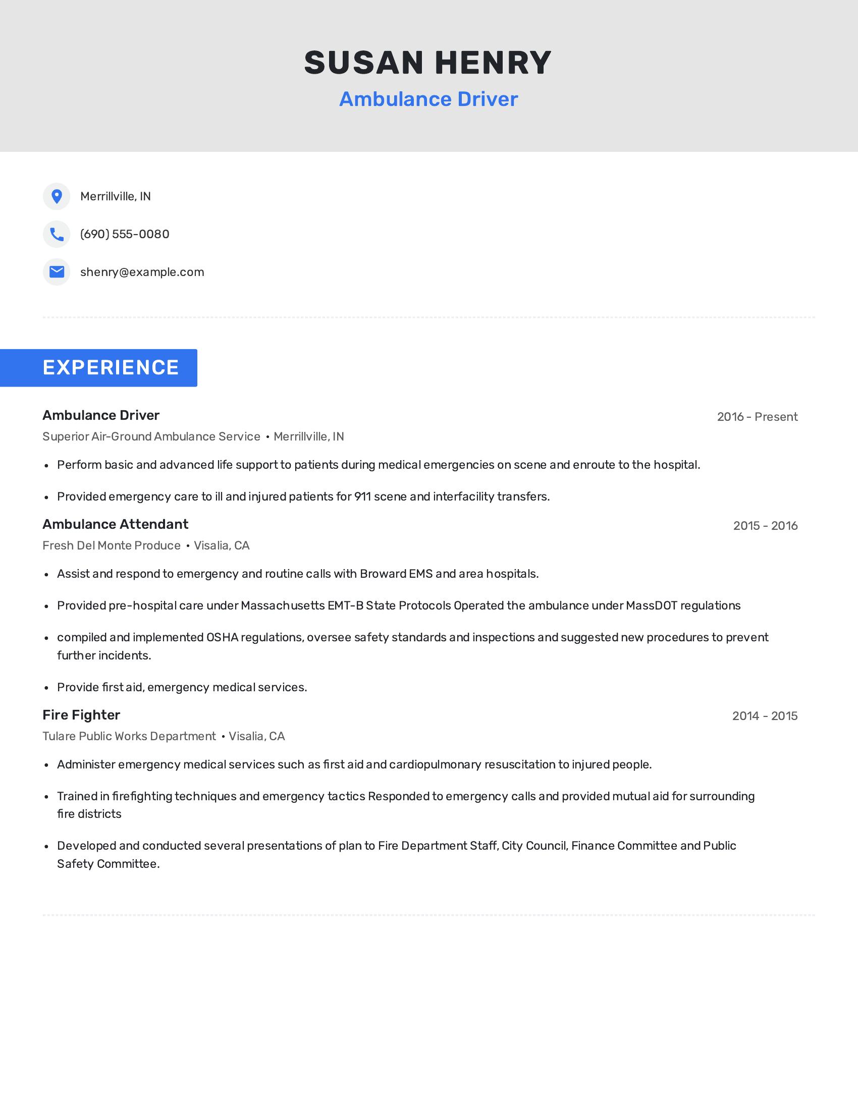 Ambulance Driver resume example