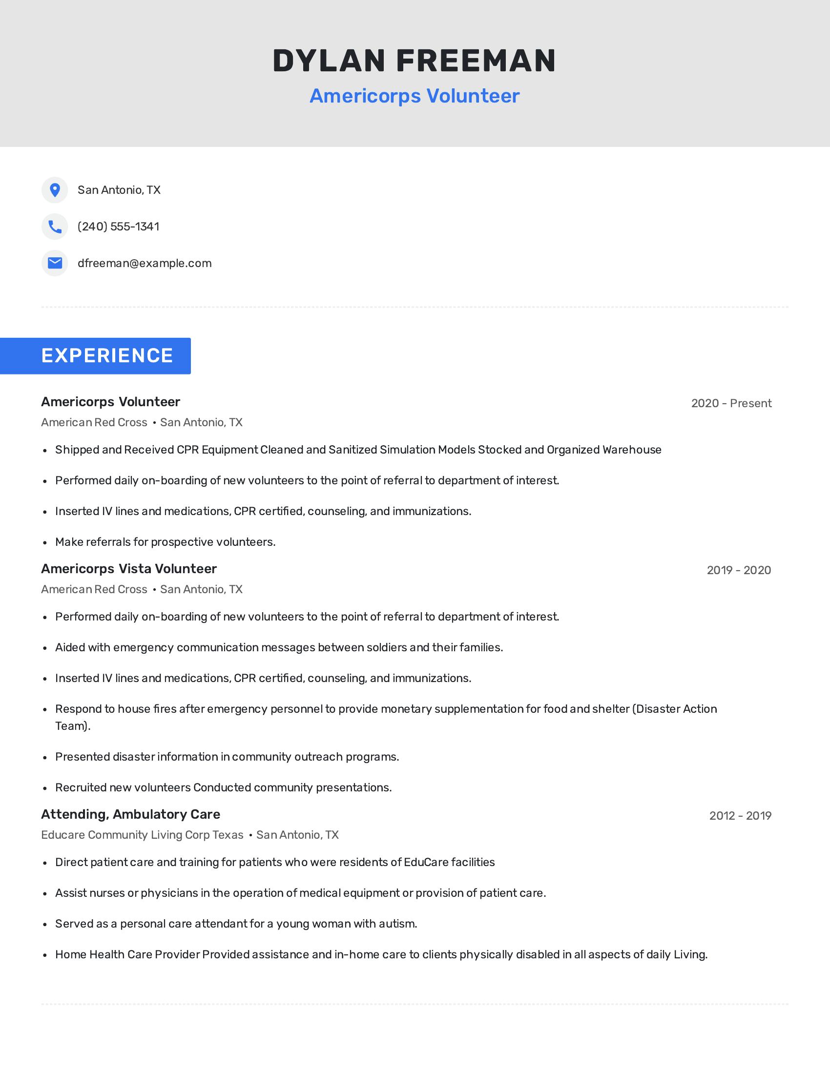 Americorps Volunteer resume example