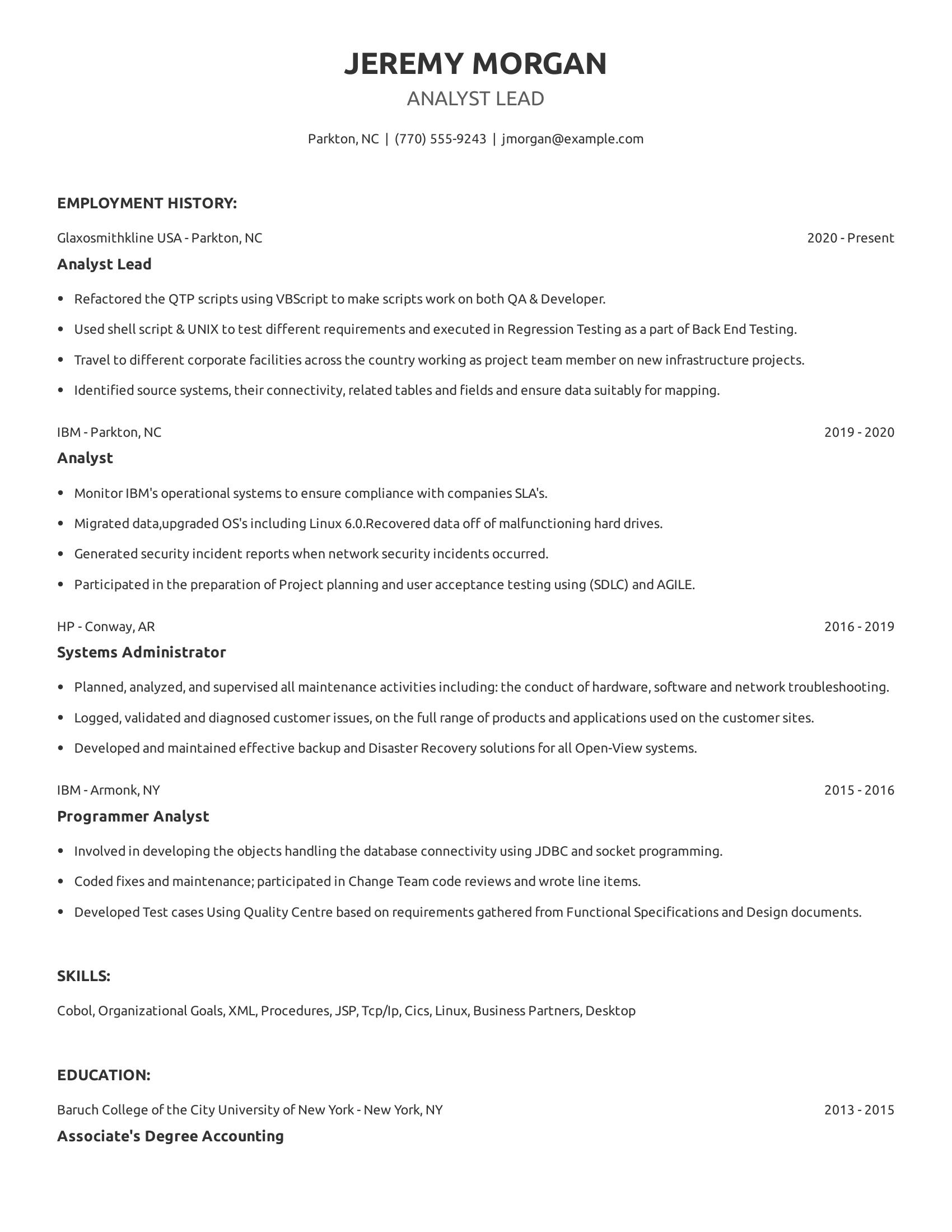 Analyst Lead resume example