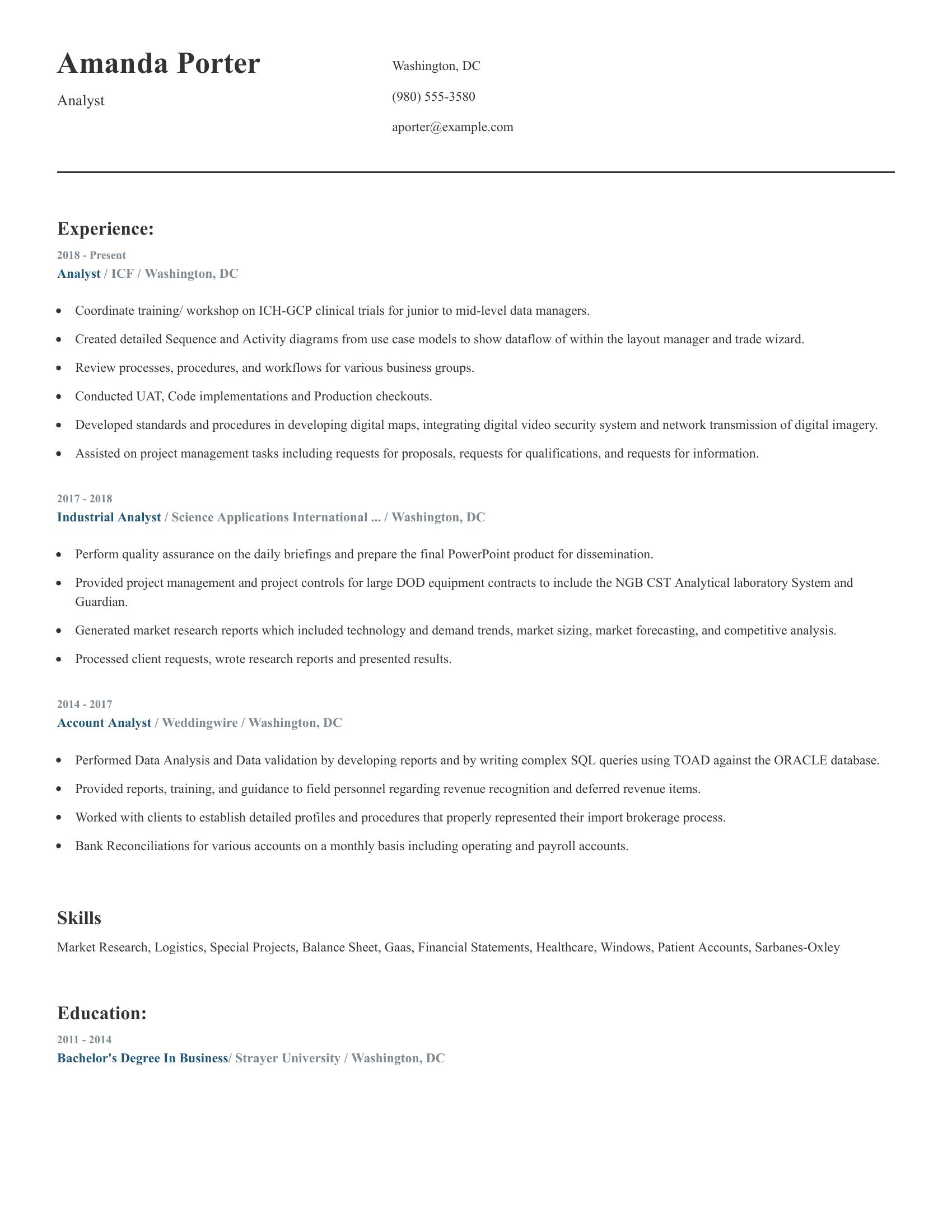 Analyst resume example