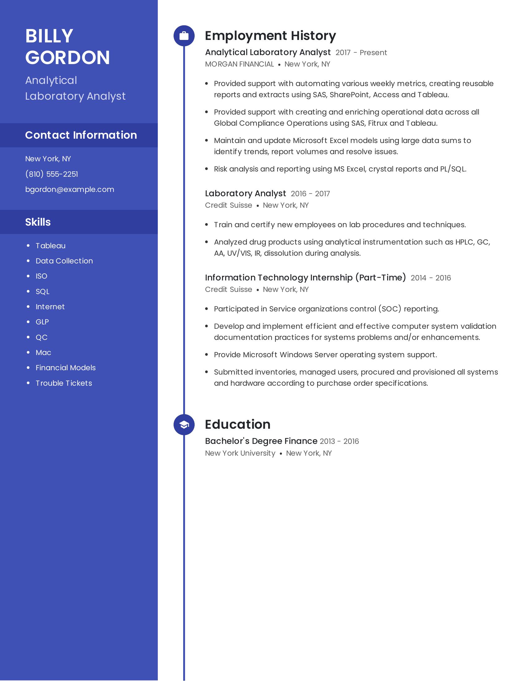 Analytical Laboratory Analyst resume example