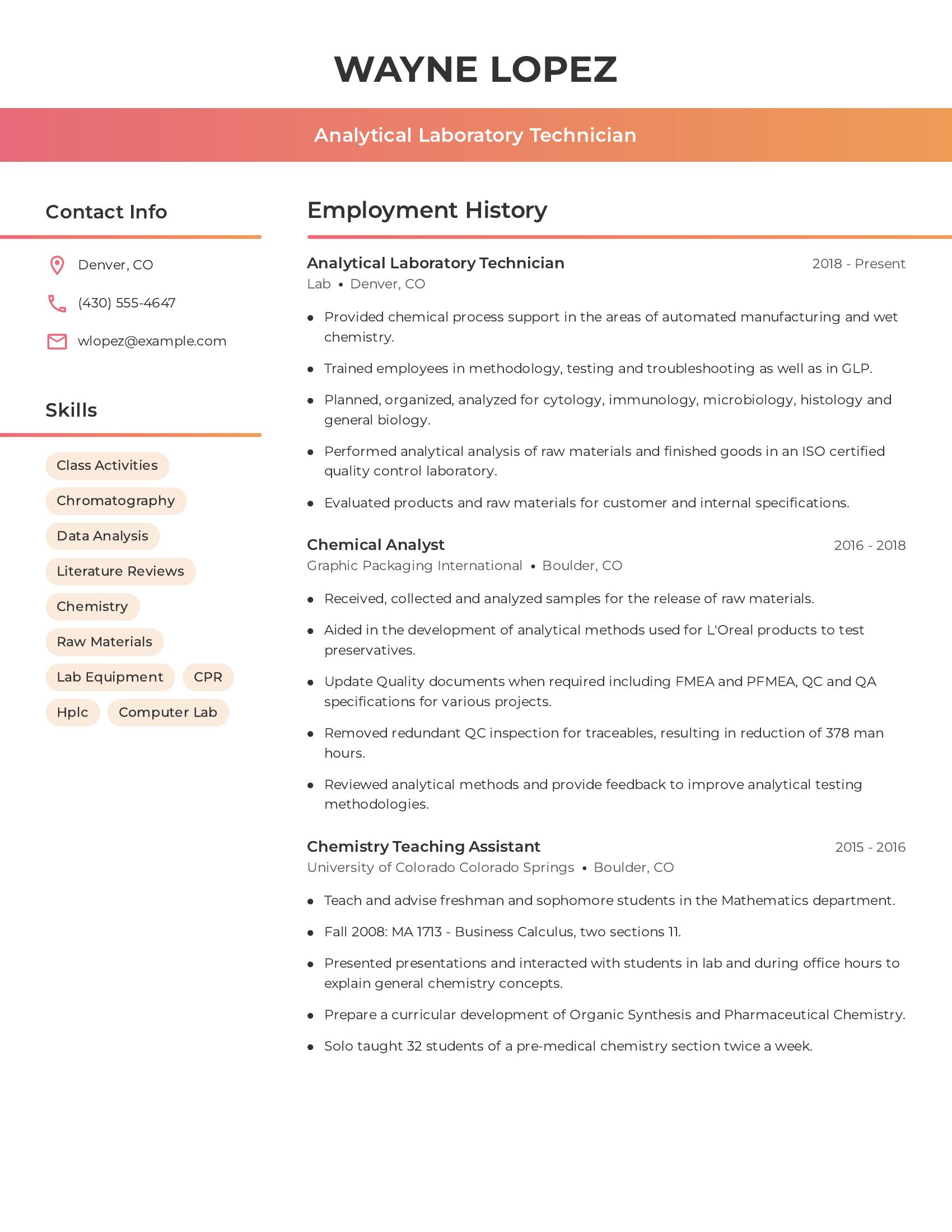 Analytical Laboratory Technician resume example