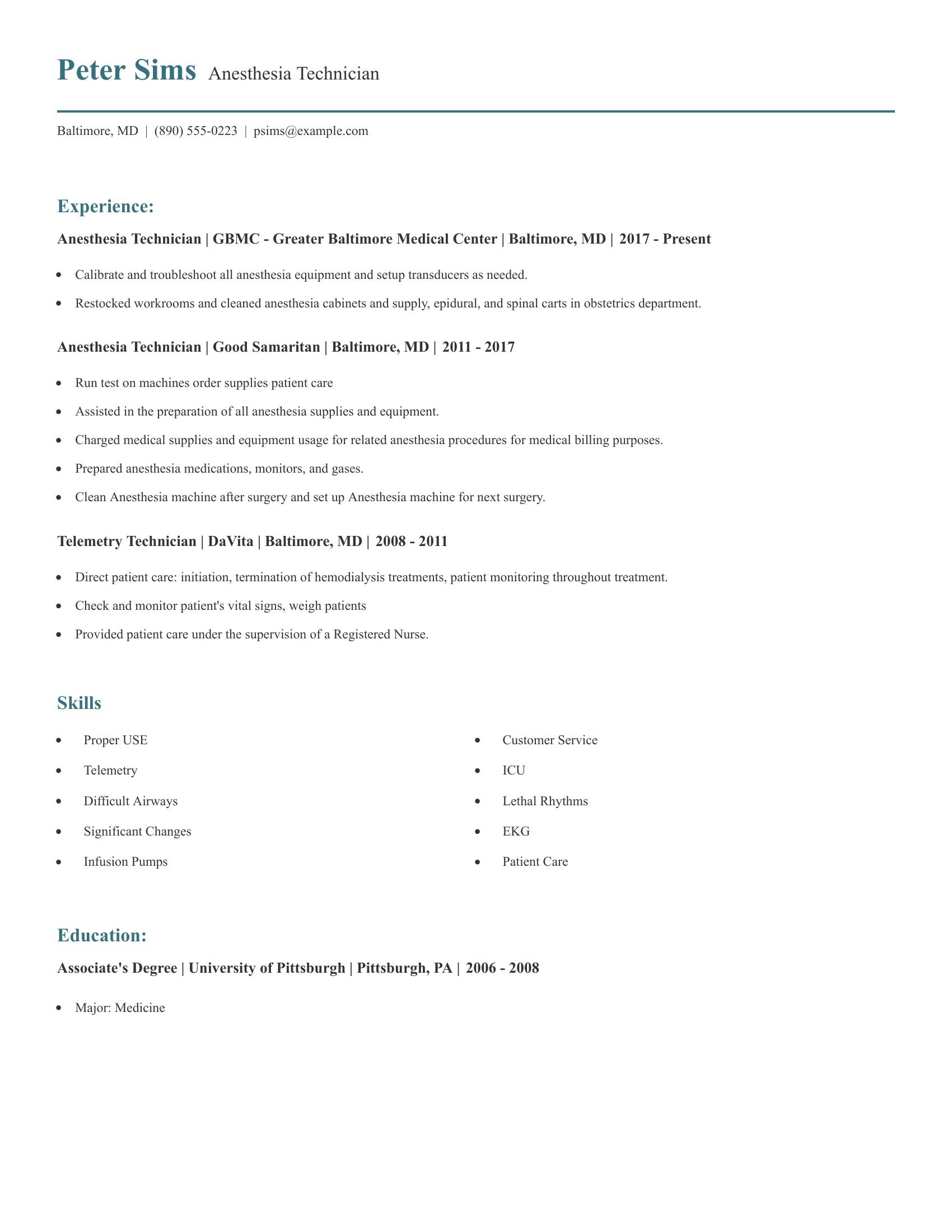 Anesthesia Technician resume example