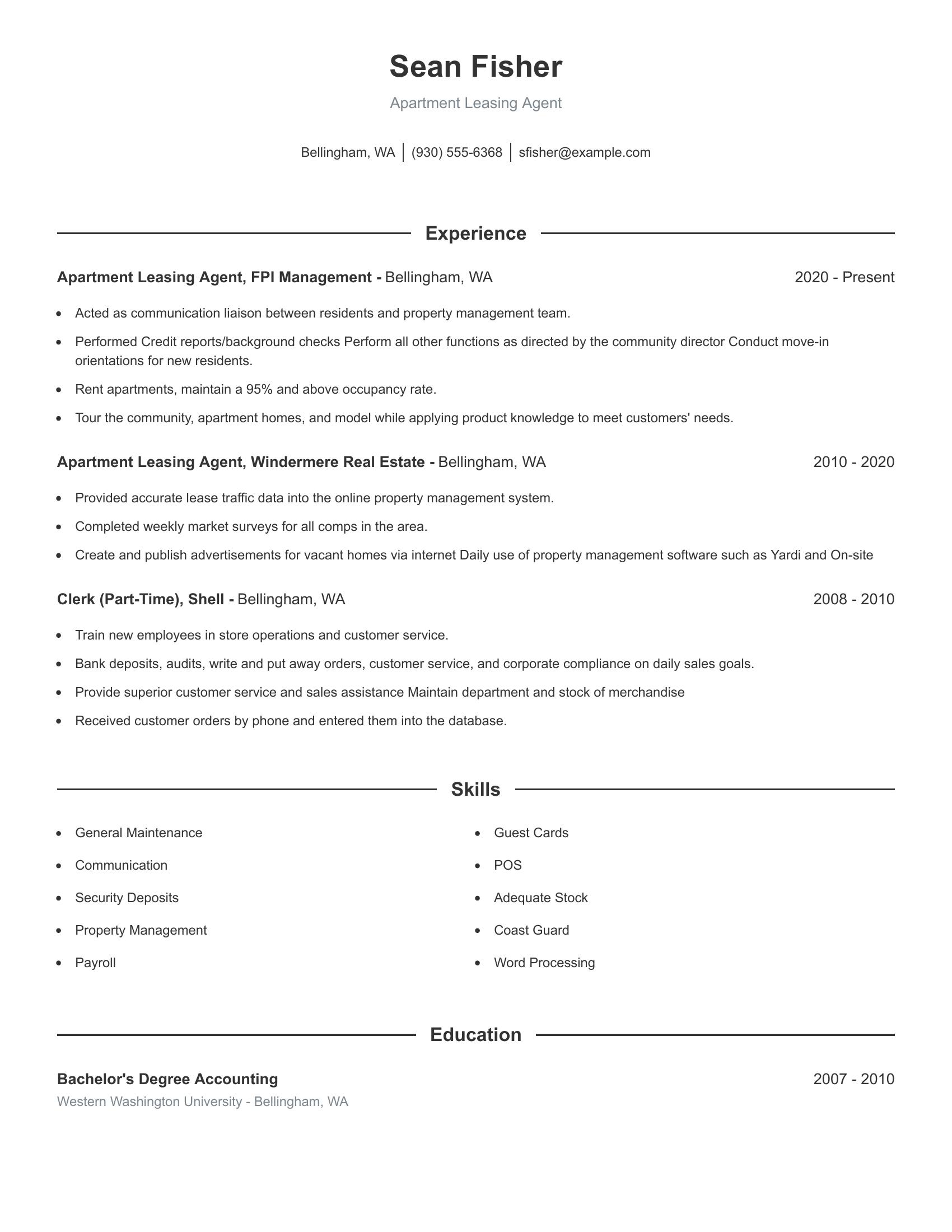 Apartment Leasing Agent resume example