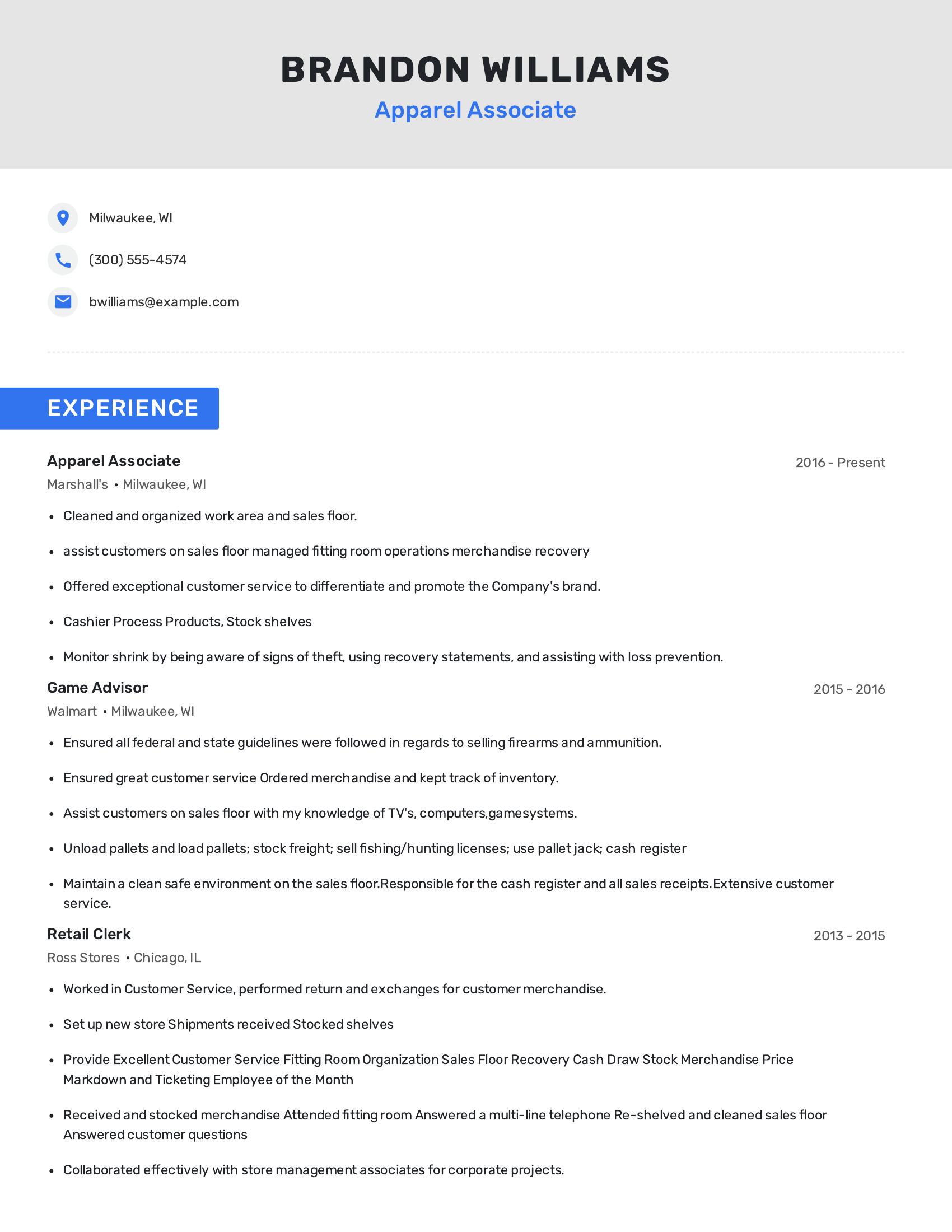 Apparel Associate resume example