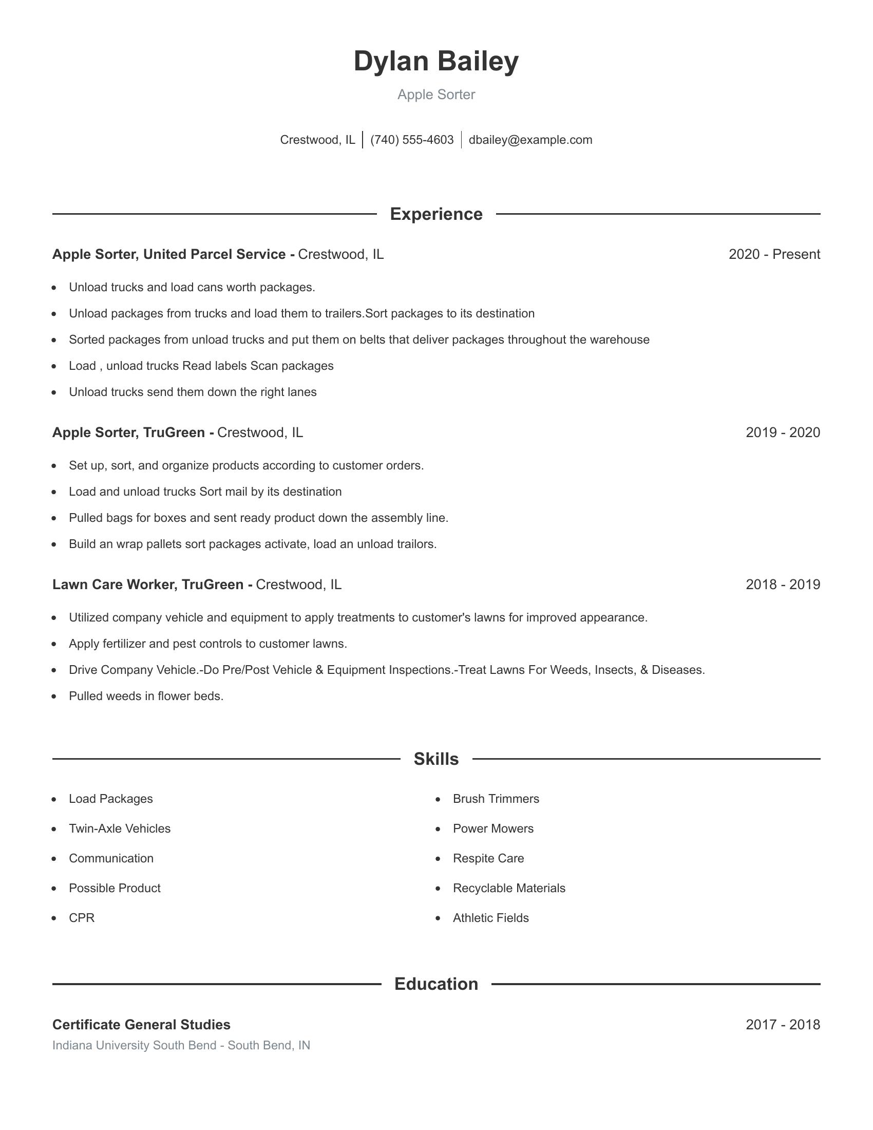 Apple Sorter resume example