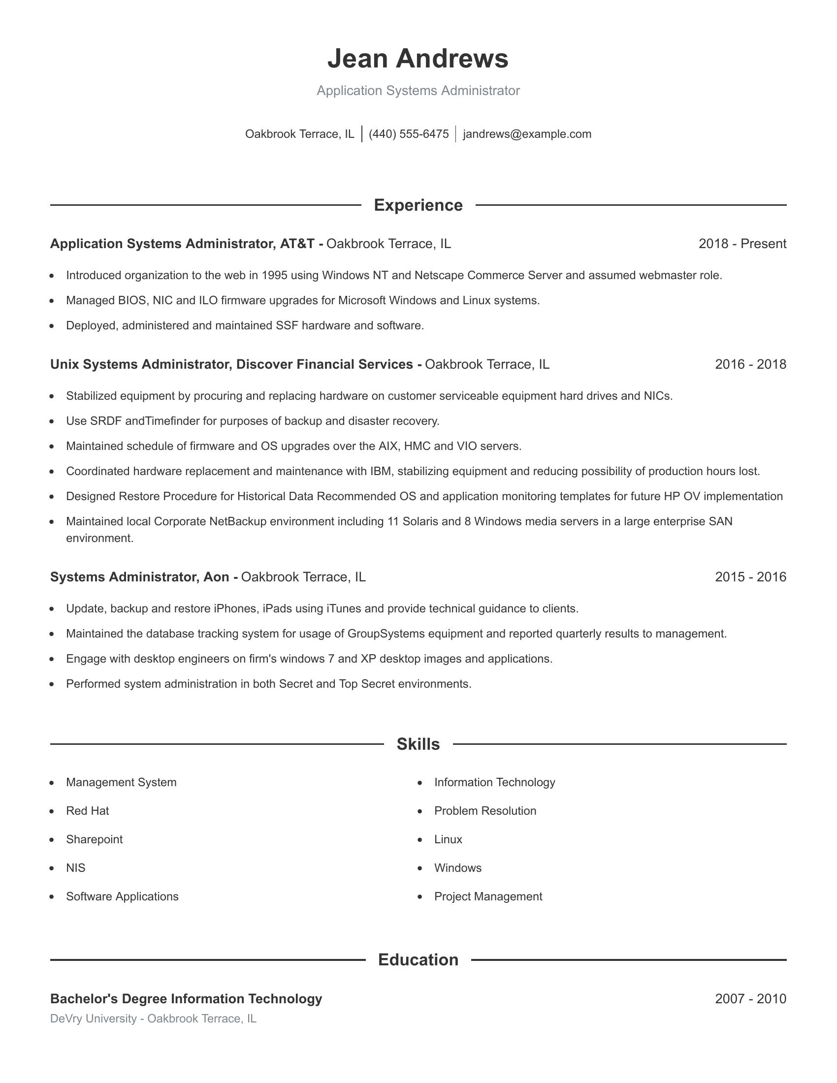 Application Systems Administrator resume example