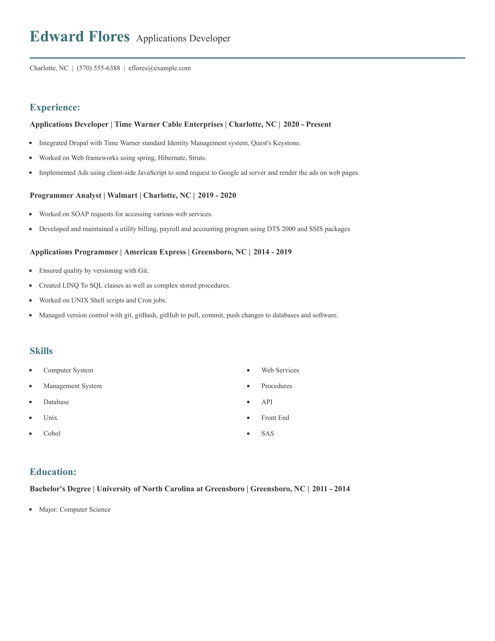 Applications Developer resume example