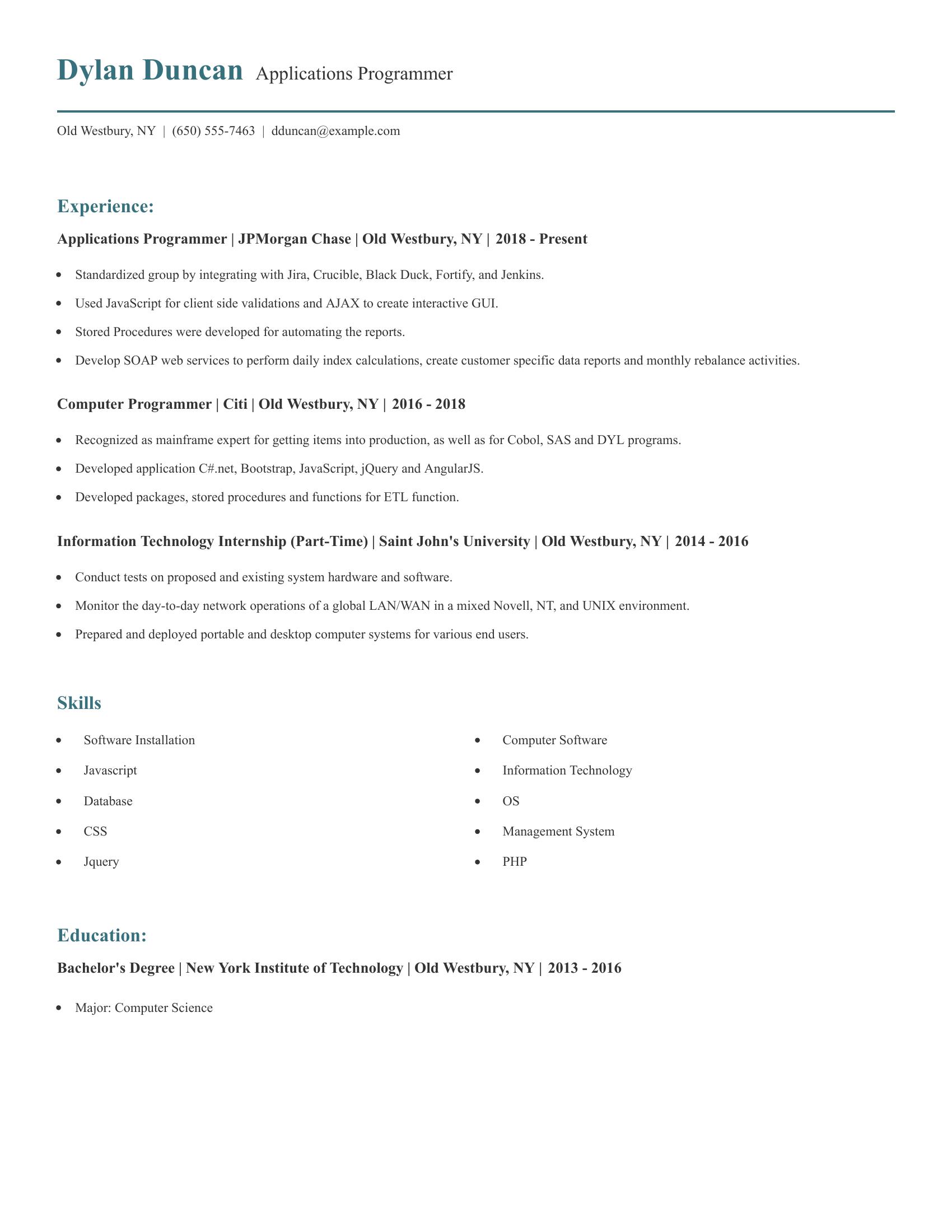 Applications Programmer resume example