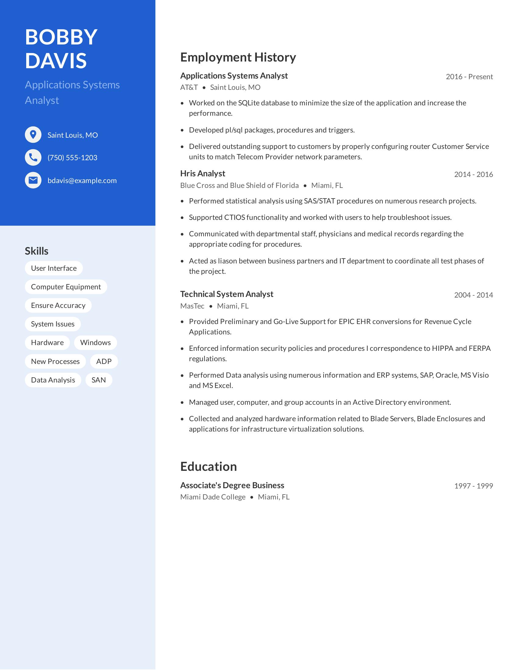Applications Systems Analyst resume example