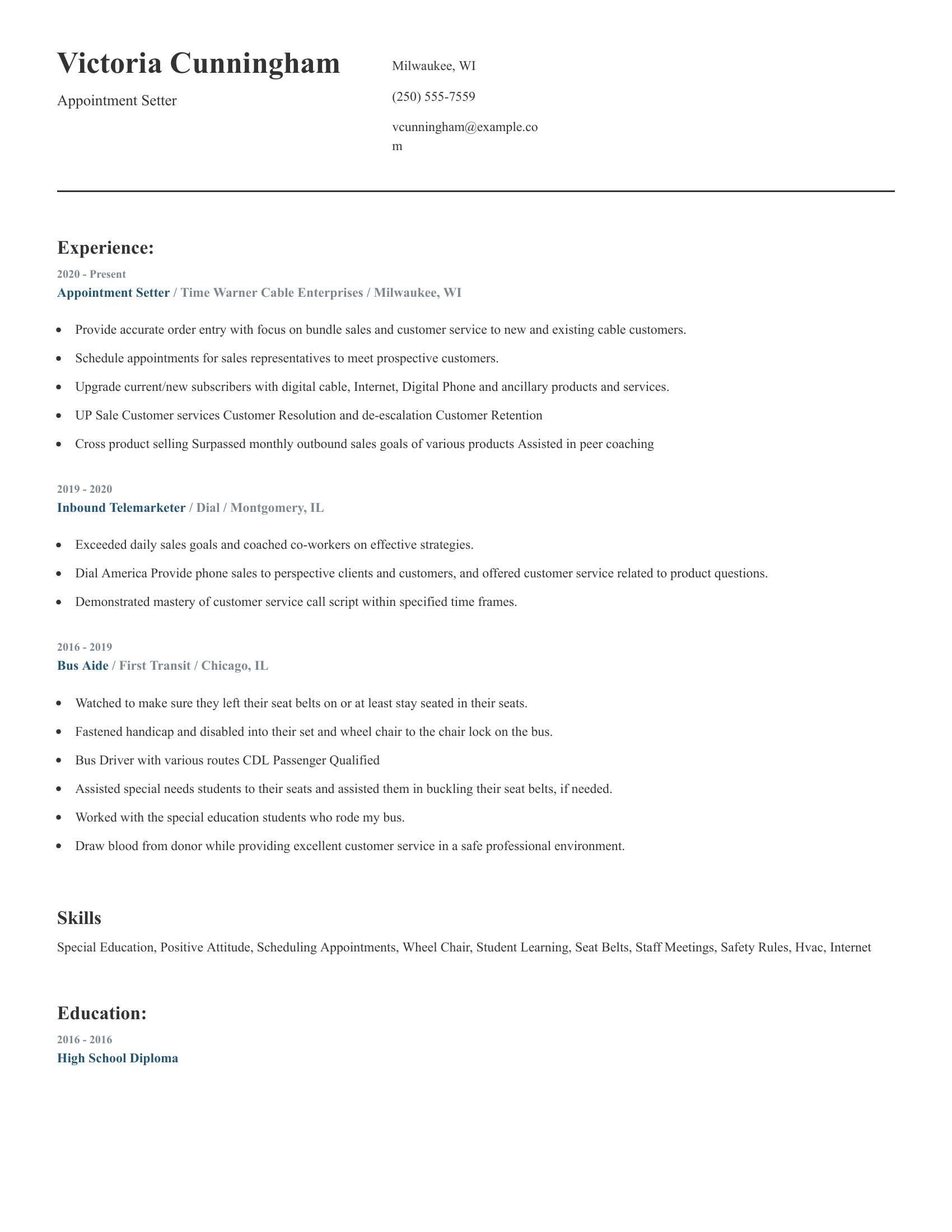 Appointment Setter resume example