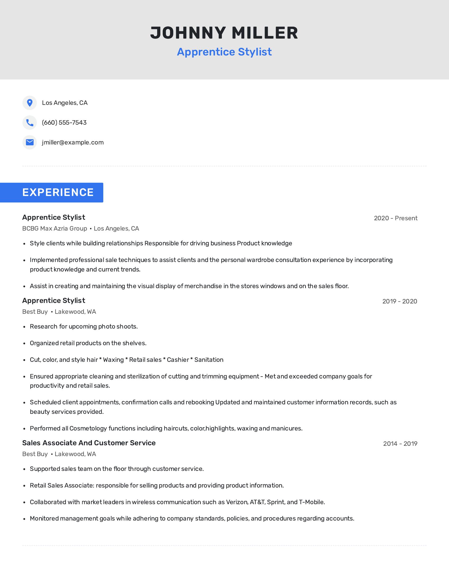 Apprentice Stylist resume example