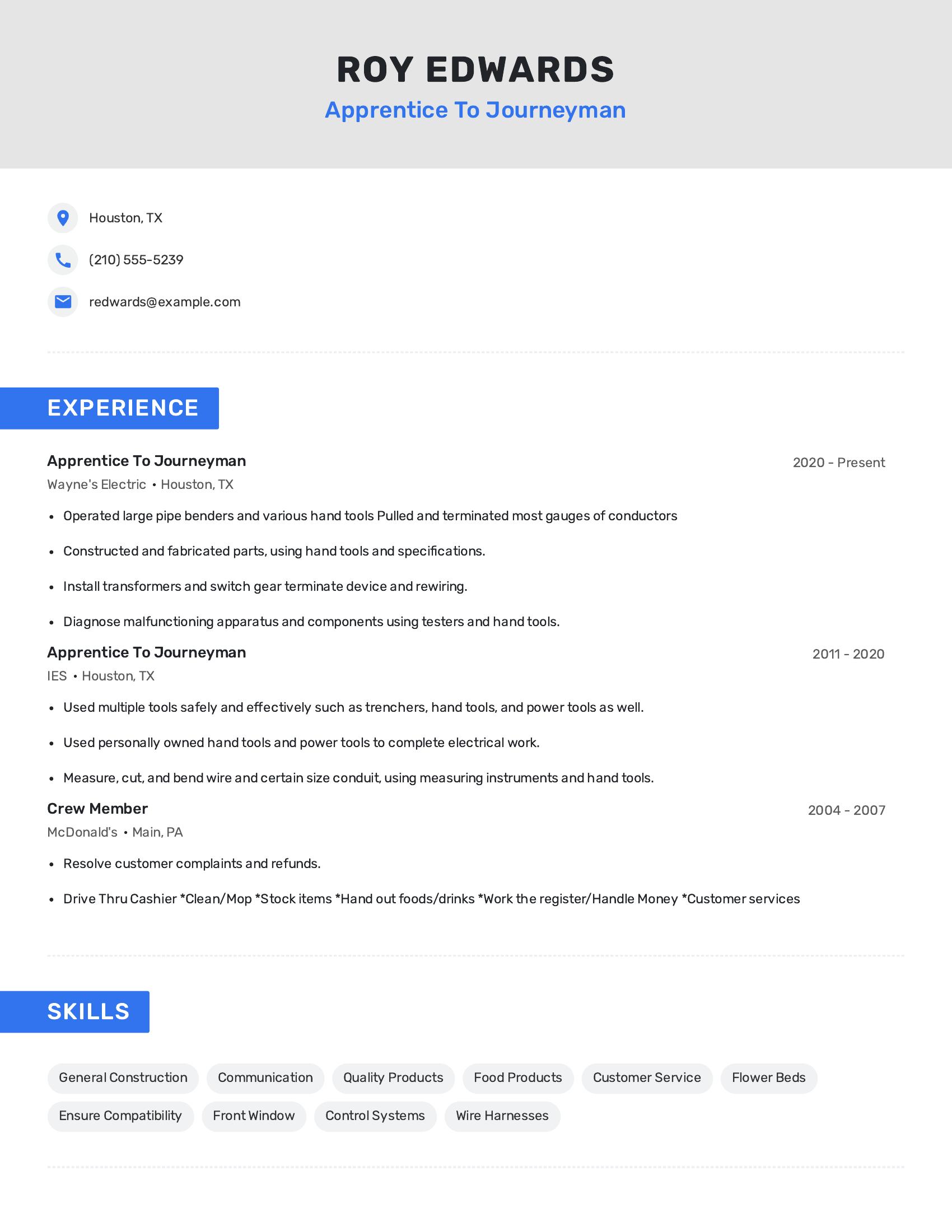 Apprentice To Journeyman resume example