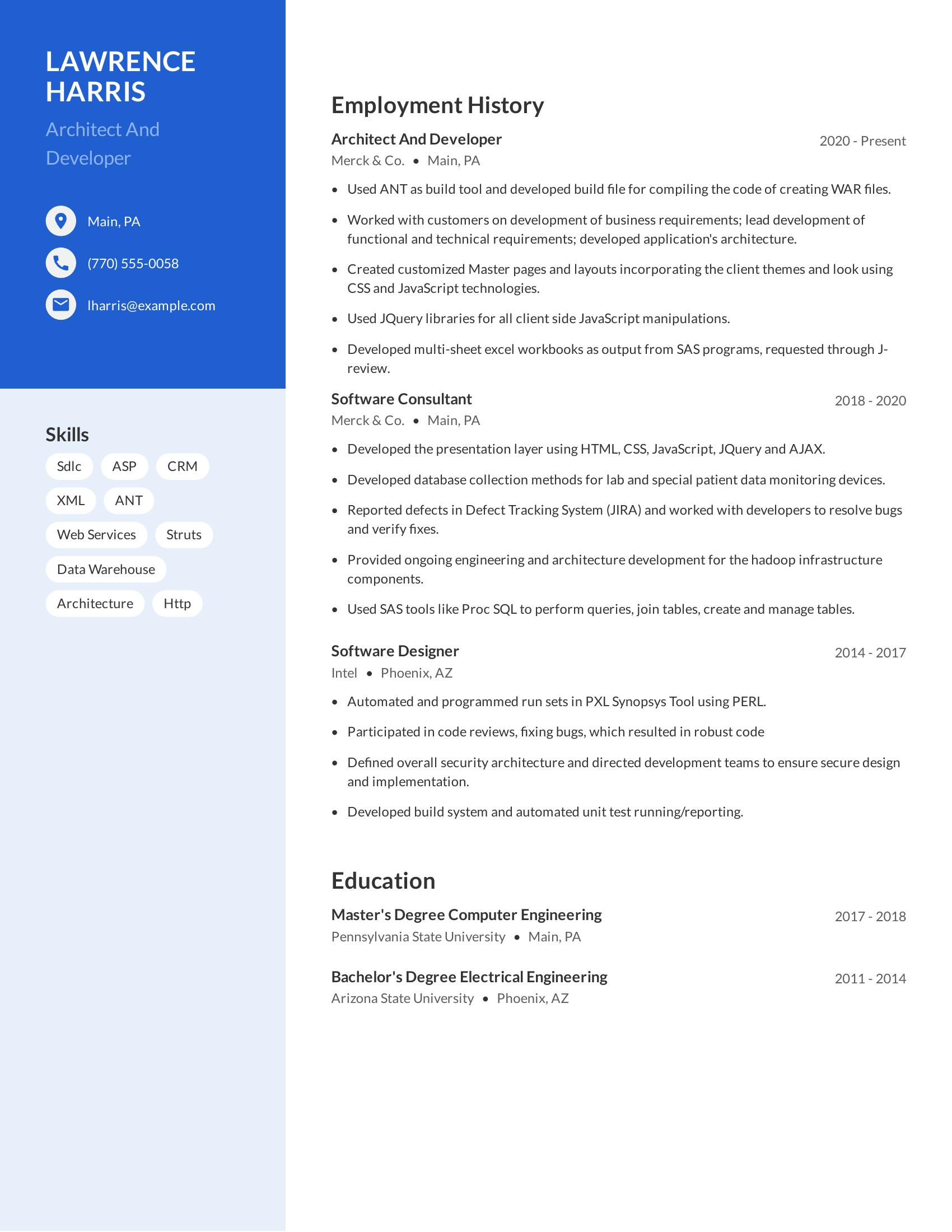 Architect And Developer resume example