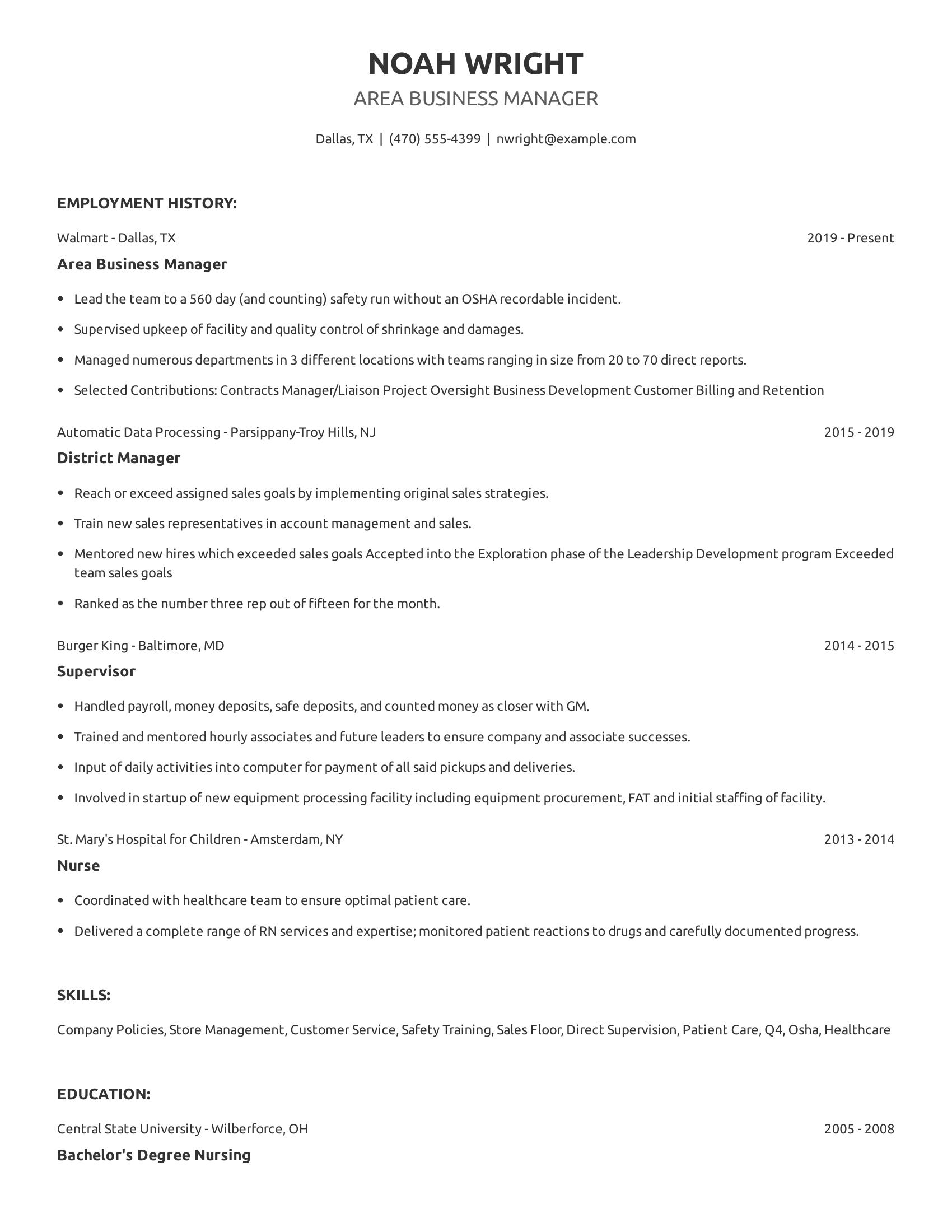 Area Business Manager resume example