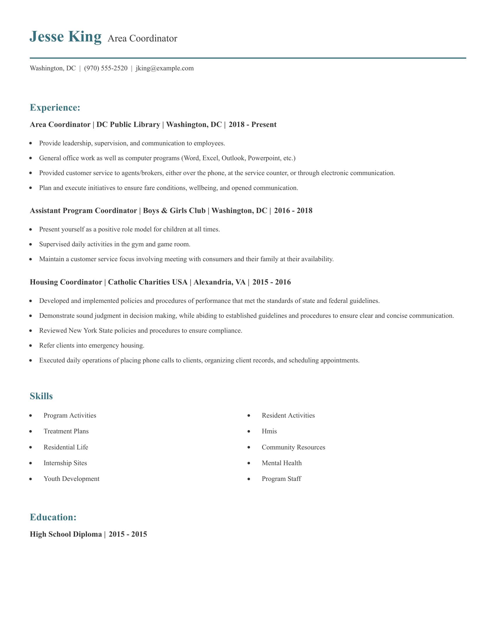 Area Coordinator resume example