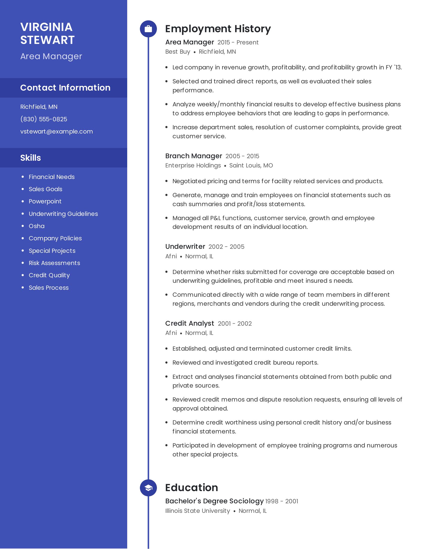 Area Manager resume example