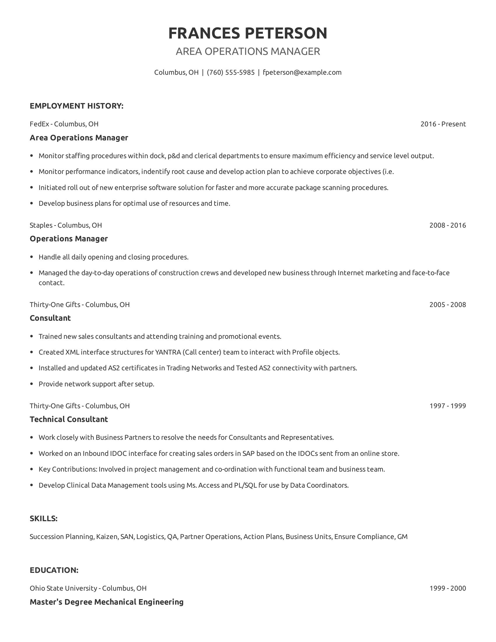 Area Operations Manager resume example