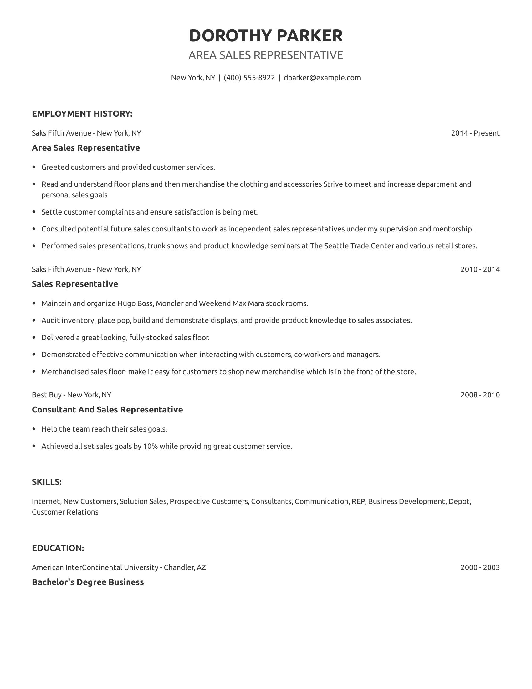 Area Sales Representative resume example