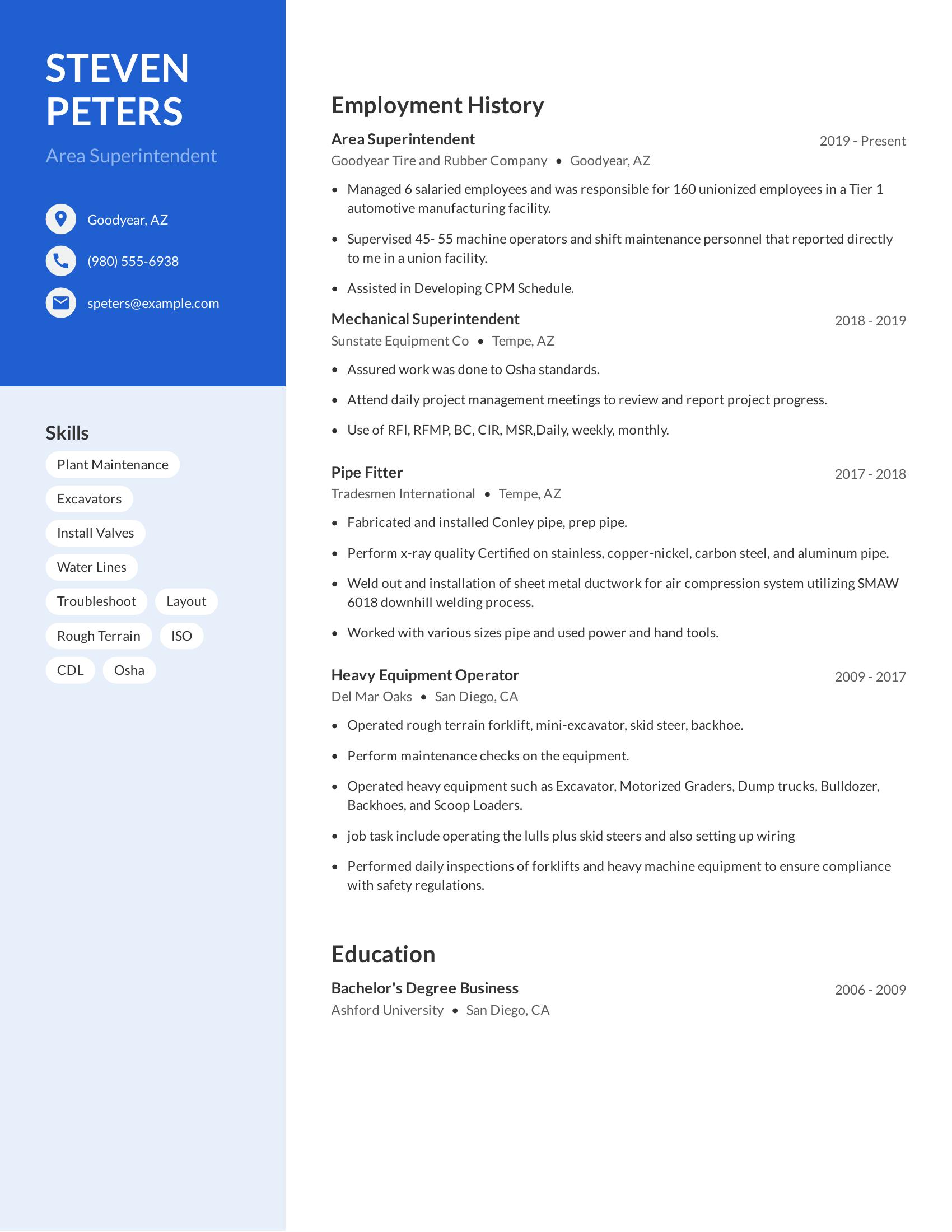 Area Superintendent resume example