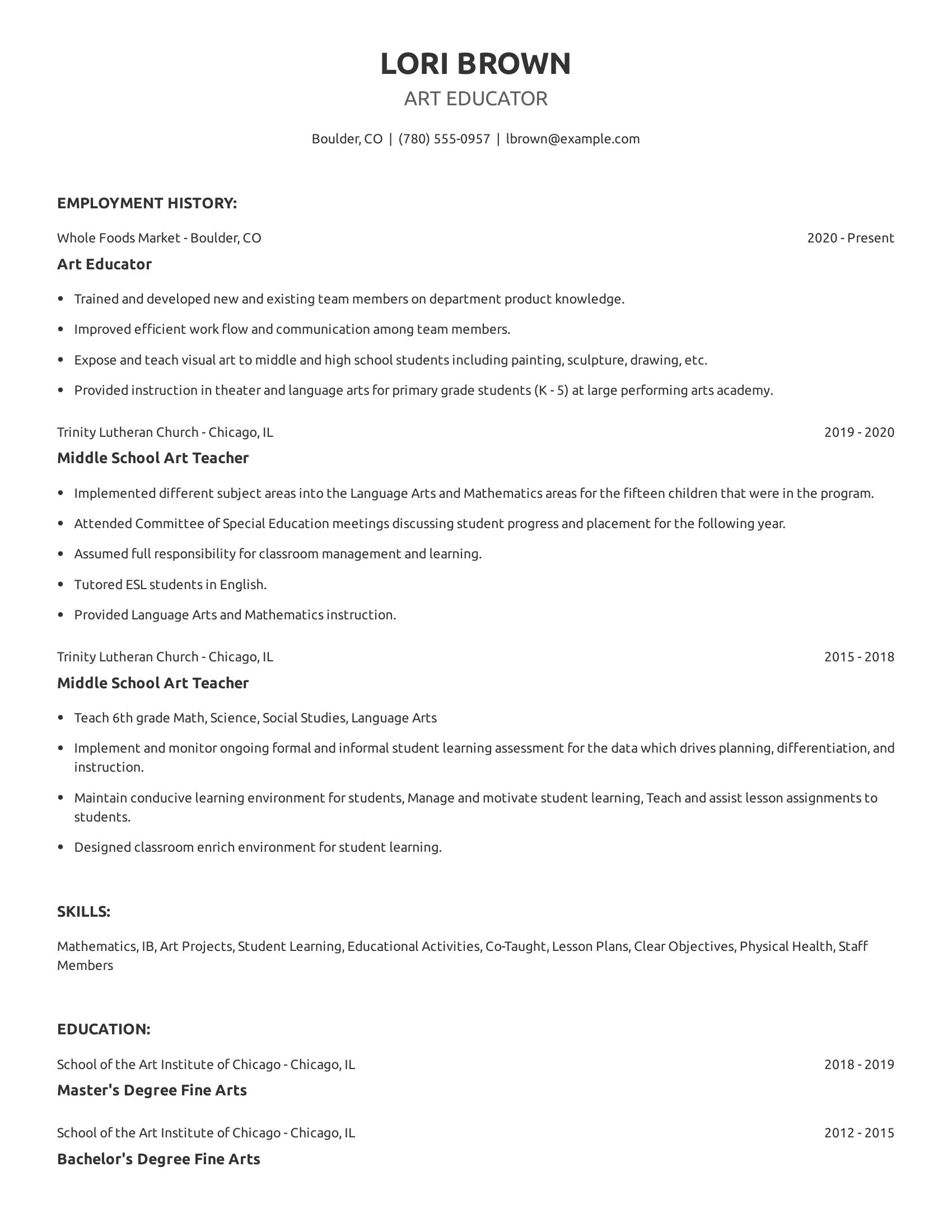 Art Educator resume example