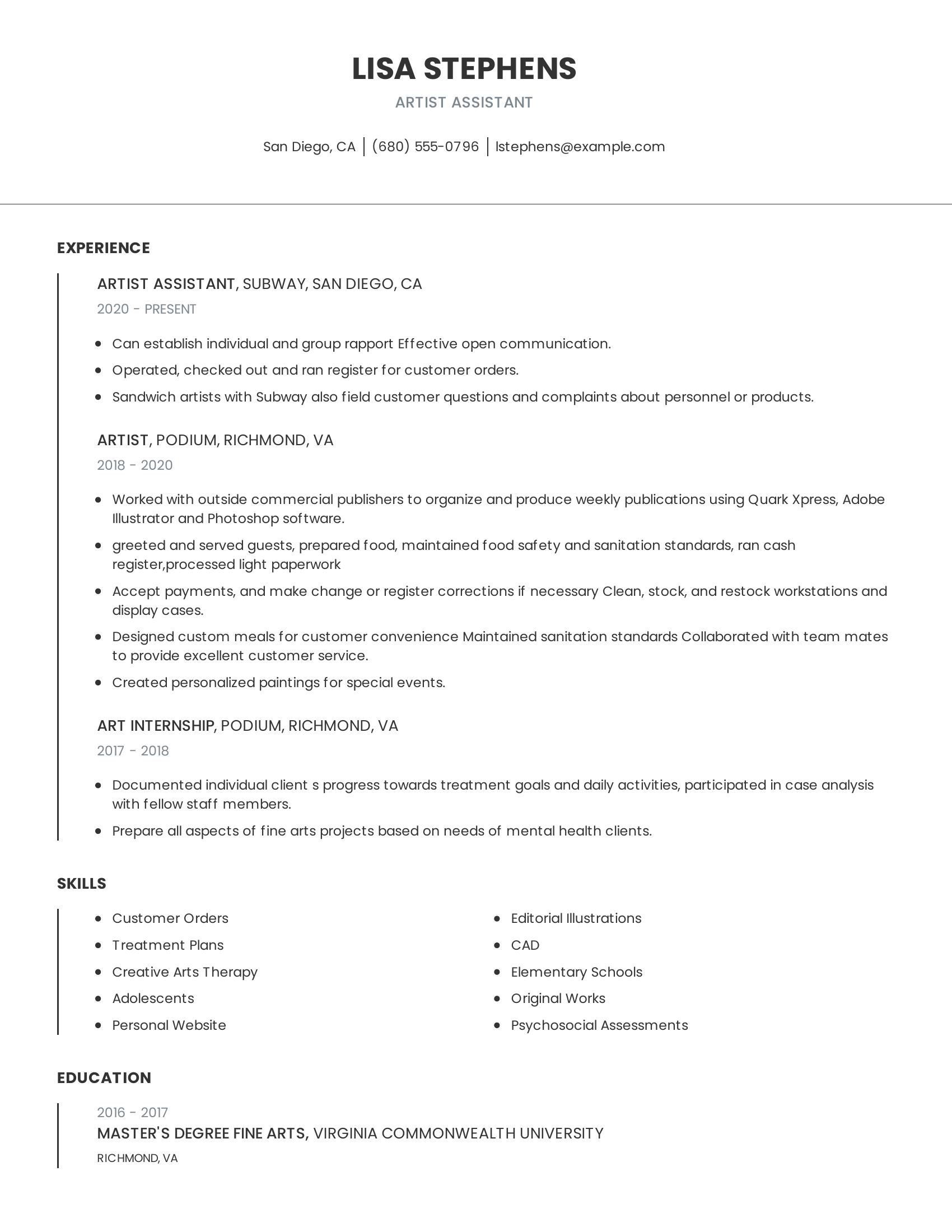 Artist Assistant resume example