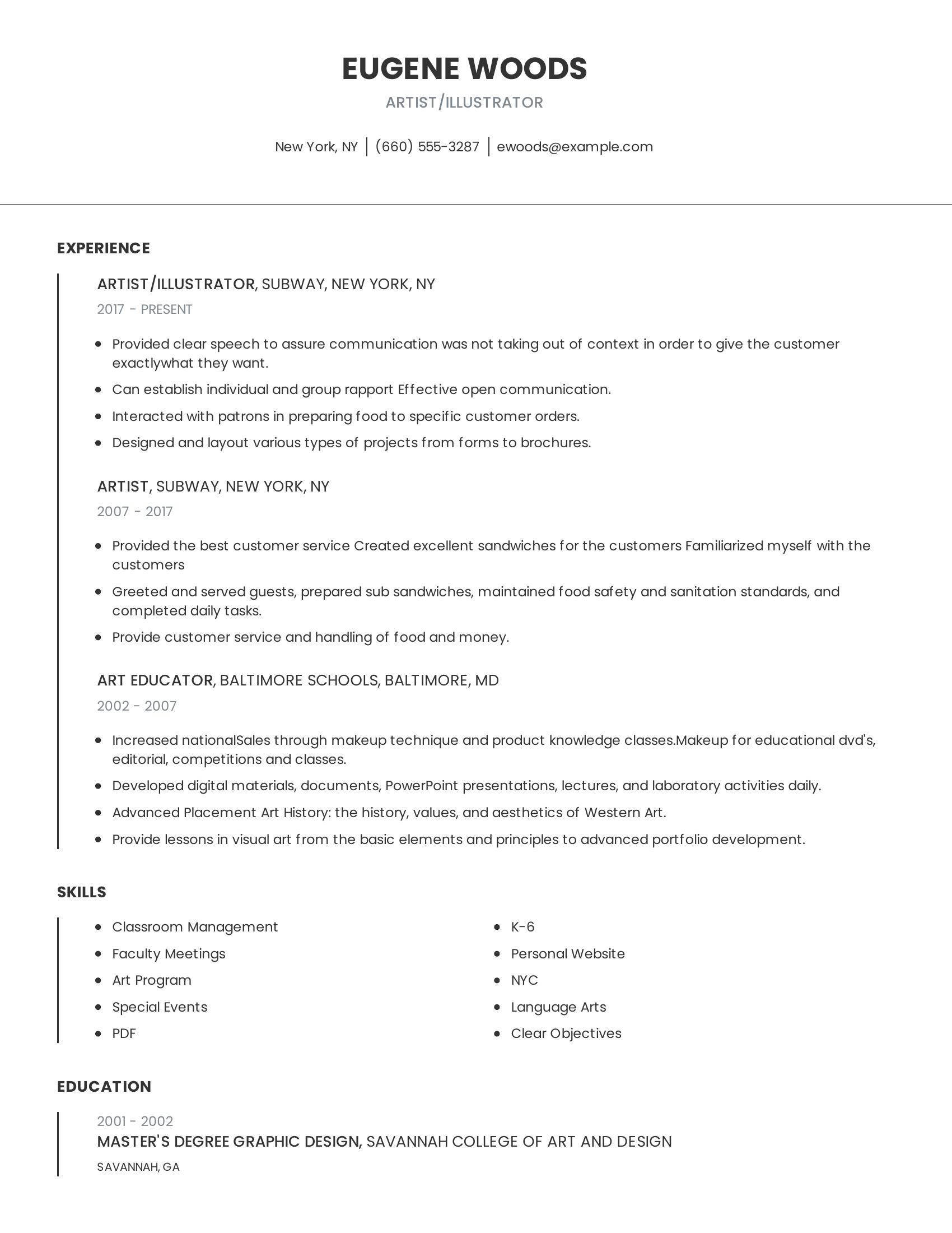 Artist/Illustrator resume example