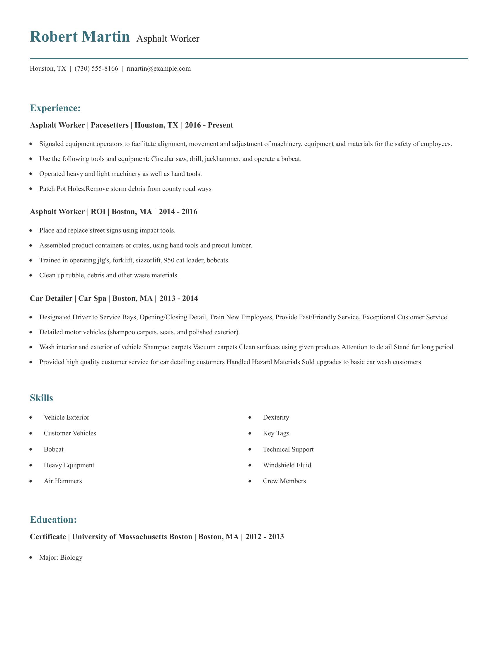 Asphalt Worker resume example