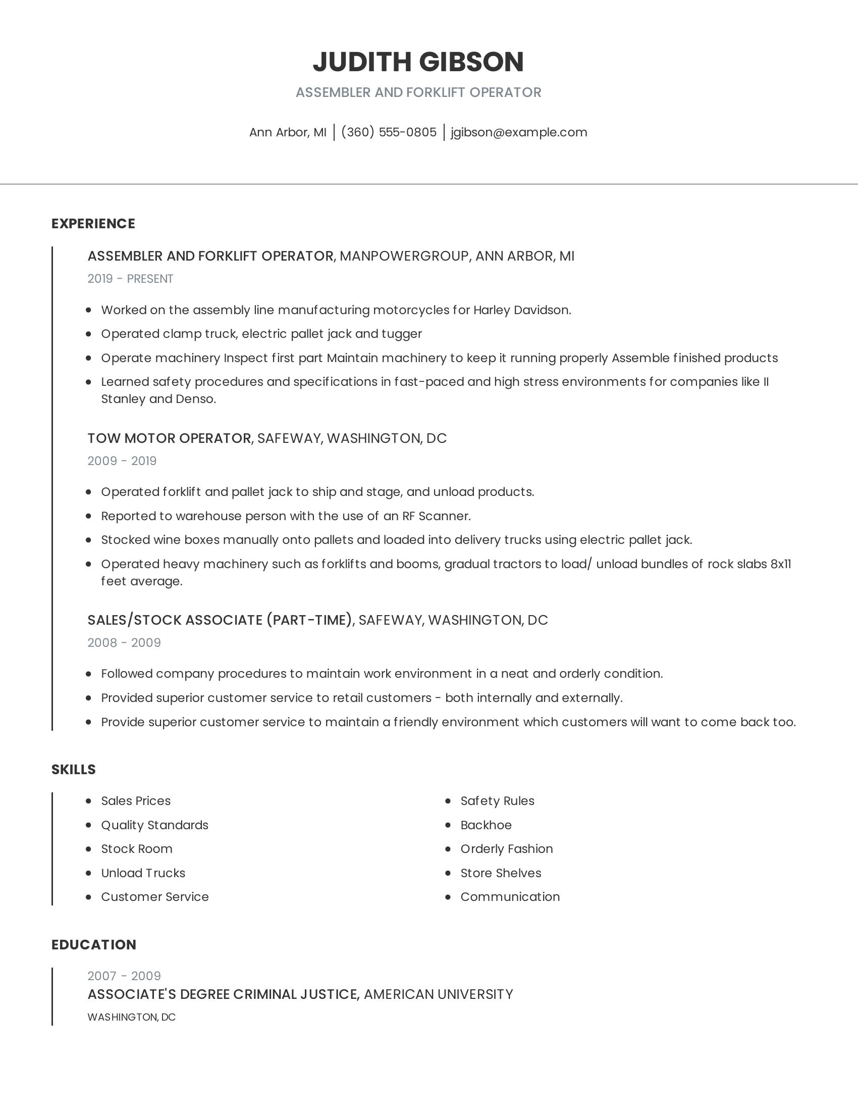 Assembler And Forklift Operator resume example