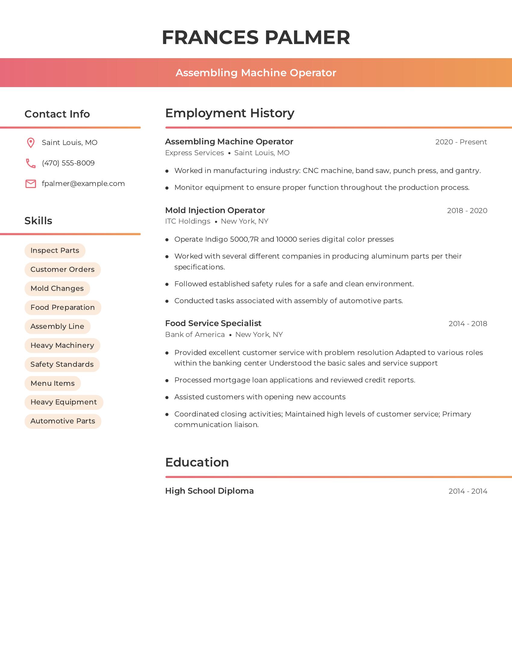 Assembling Machine Operator resume example