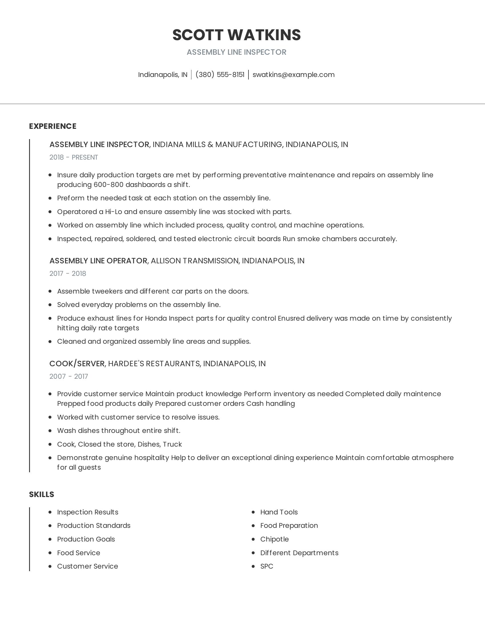 Assembly Line Inspector resume example