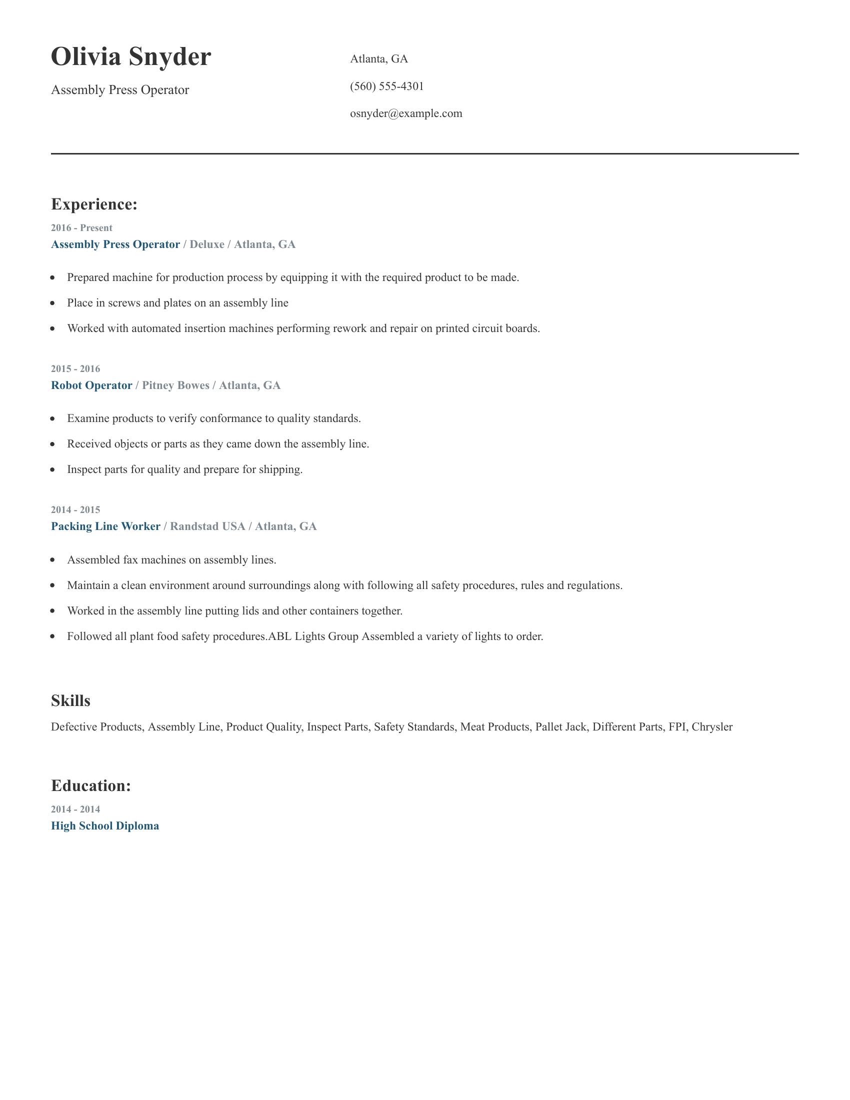 Assembly Press Operator resume example