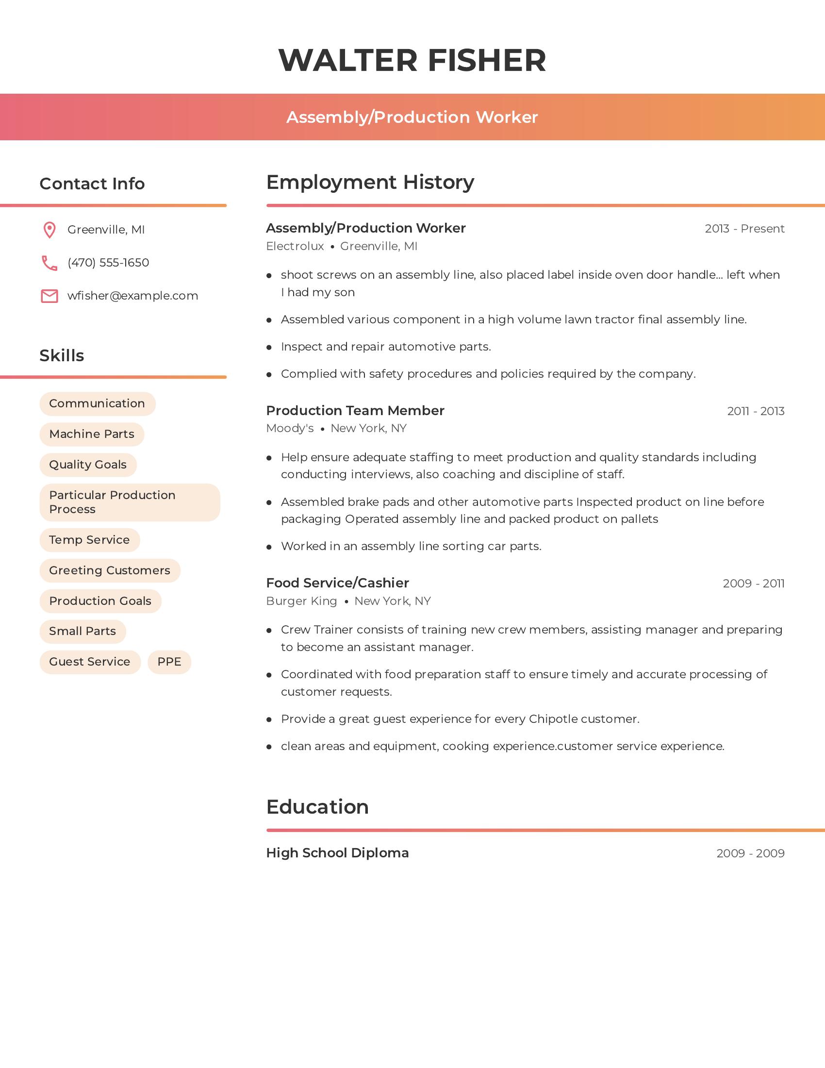 Assembly/Production Worker resume example