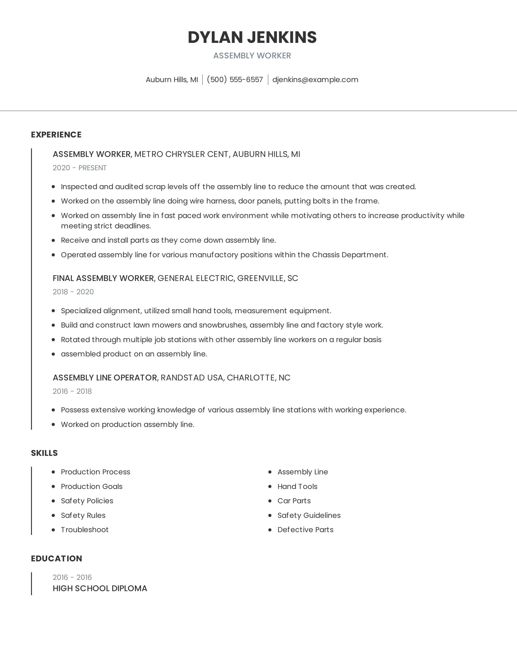 Assembly Worker resume example