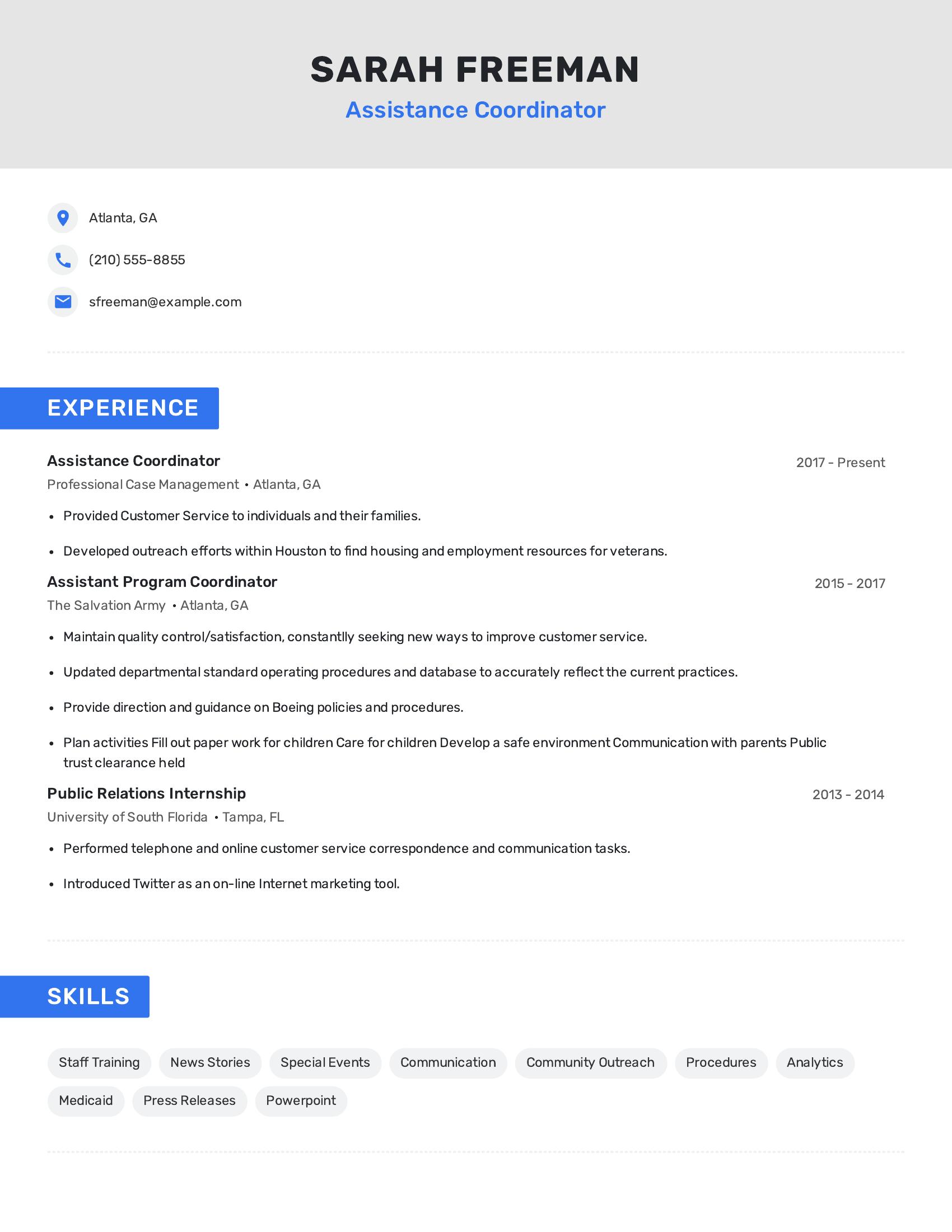 Assistance Coordinator resume example